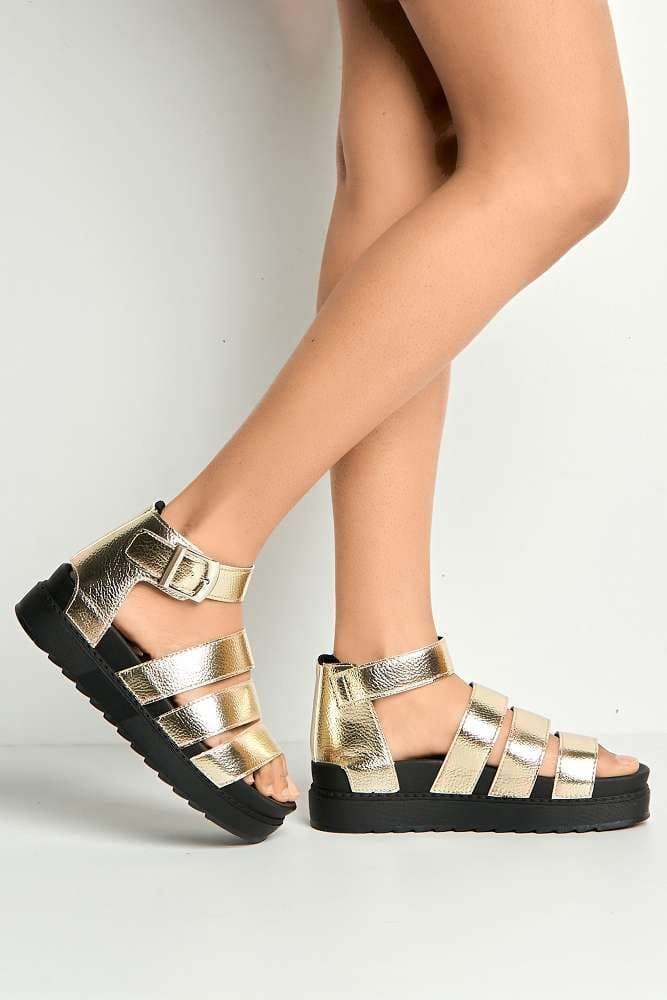 Miss Diva Women's Roxi 3-Strap Gladiator Style Flatforms in Gold | Size: 6