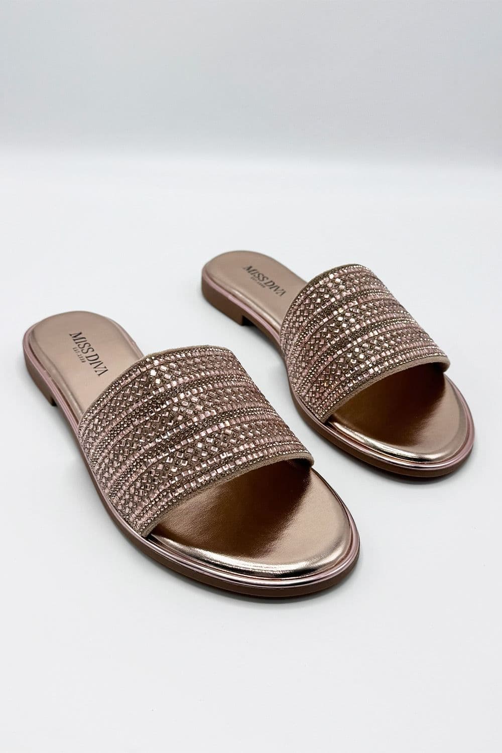 Miss Diva Women's Camille Diamante Embellished Strap Sliders in Rose Gold | Size: 3