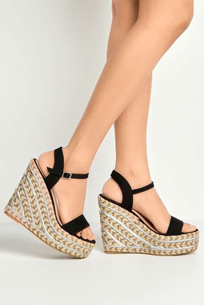 Miss Diva Women's Imani Diamante Detailed Anklestrap Wedges in Black | Size: 6