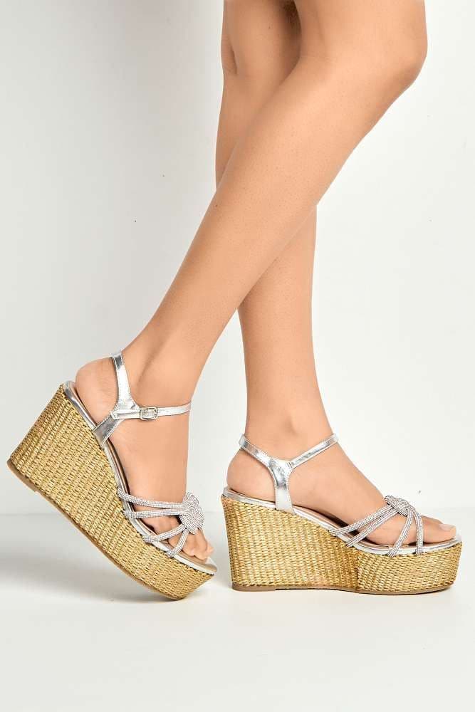 Miss Diva Women's Gigi Diamante Embellished Band Ankle Strap Wedges in Silver | Size: 6