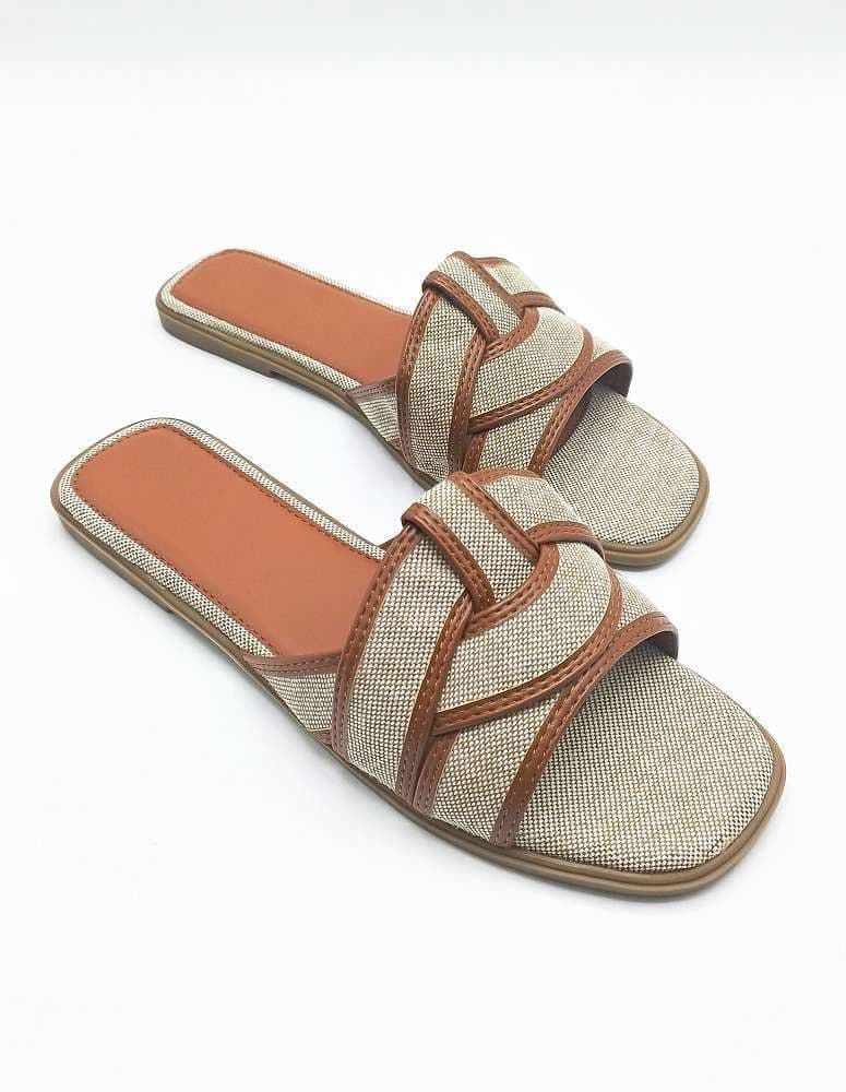 Miss Diva Women's Elida Criss Cross Strap Sliders in Tan | Size: 5