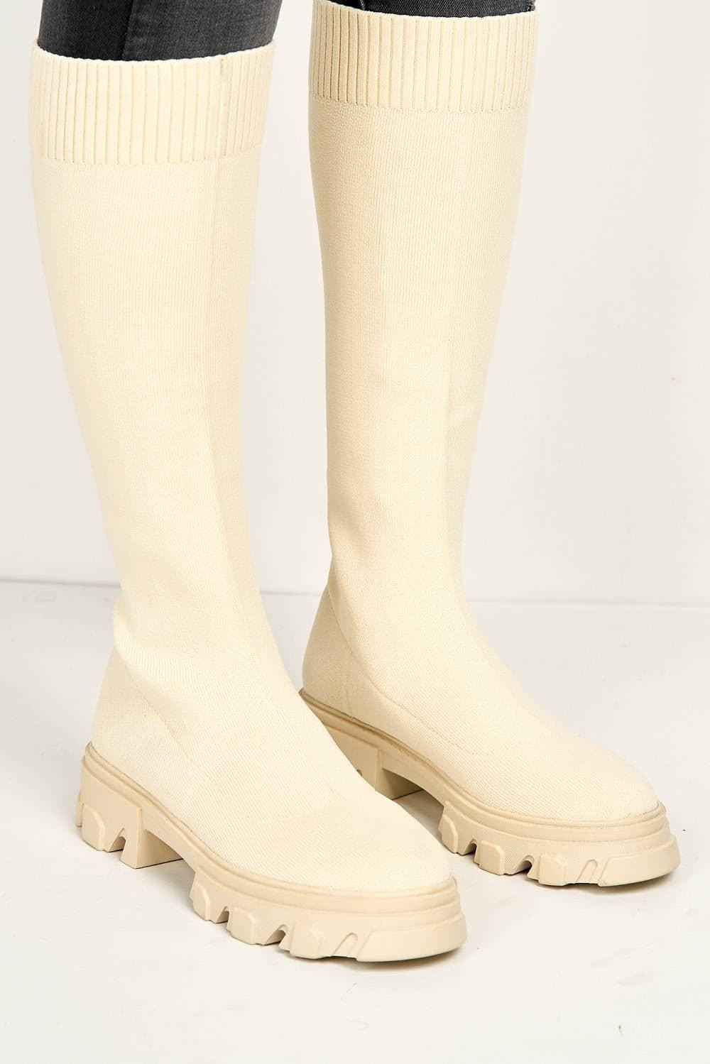 Teega Knee High Knit Fabric Boots with Chunky Sole