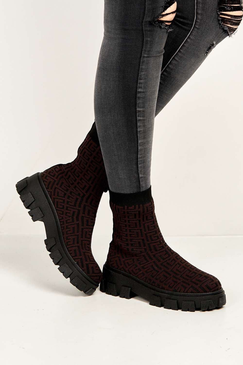 Mattie Geometric Print Chunky Sole Ankle High Sock Boots