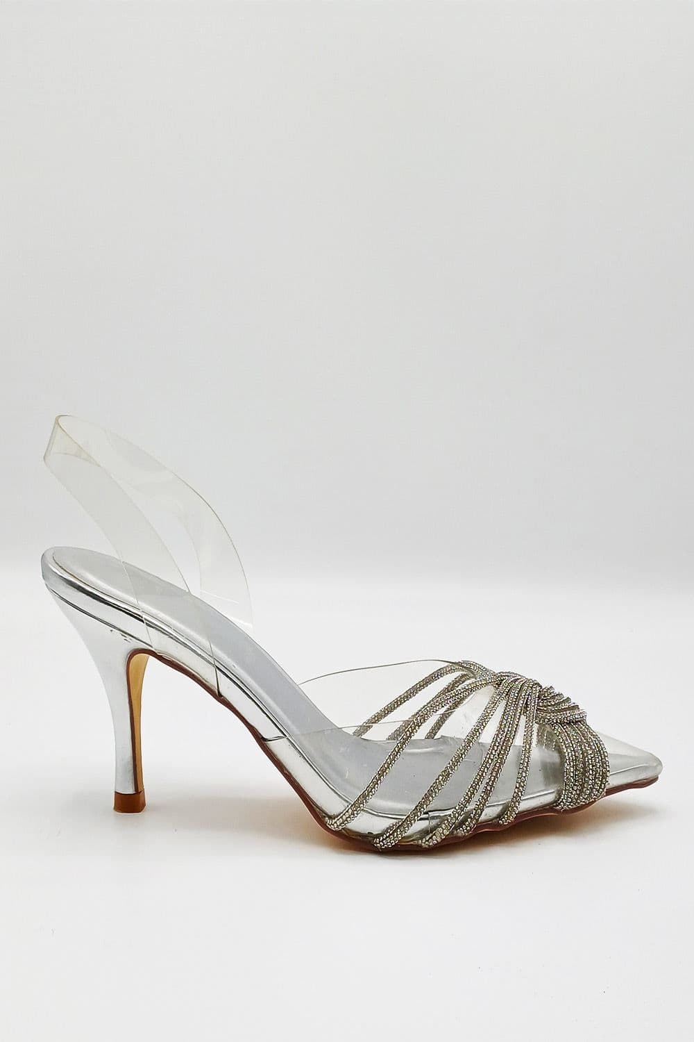 Miss Diva Women's Liz Diamante Embellished Sling Back Perspex Court Shoes in Silver | Size: 6