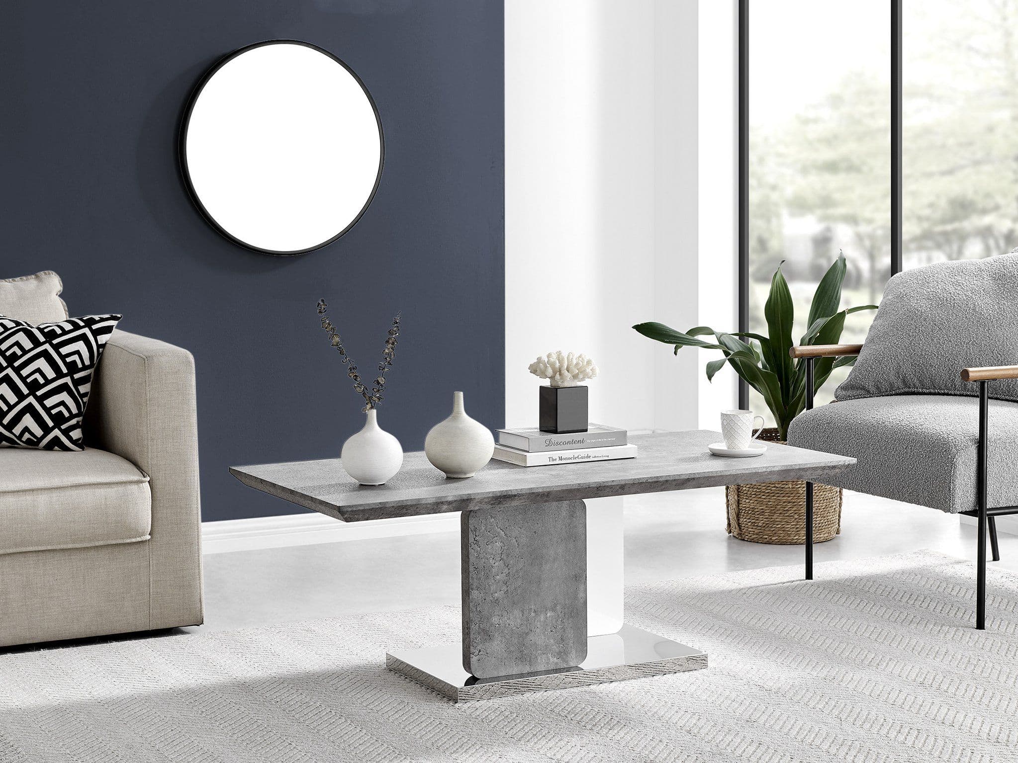 Alba Stone Effect Gloss & Chrome Coffee Table Minimalist Modern Design Grey & Silver Metal Coffee Table