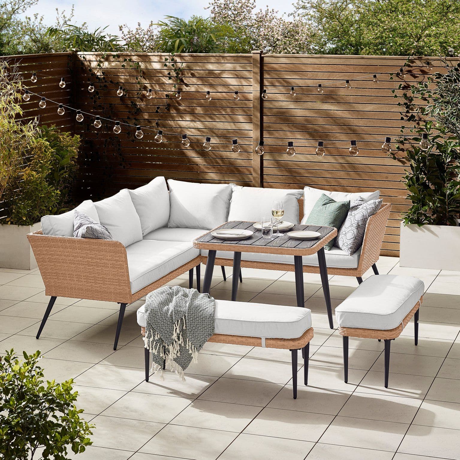 Seychelles 9 Seater Outdoor Garden Sofa Set PE Rattan & Wood Effect Garden Sofa & Table 5 Seater Corner Sofa 2 benches Garden Table Boho Garde