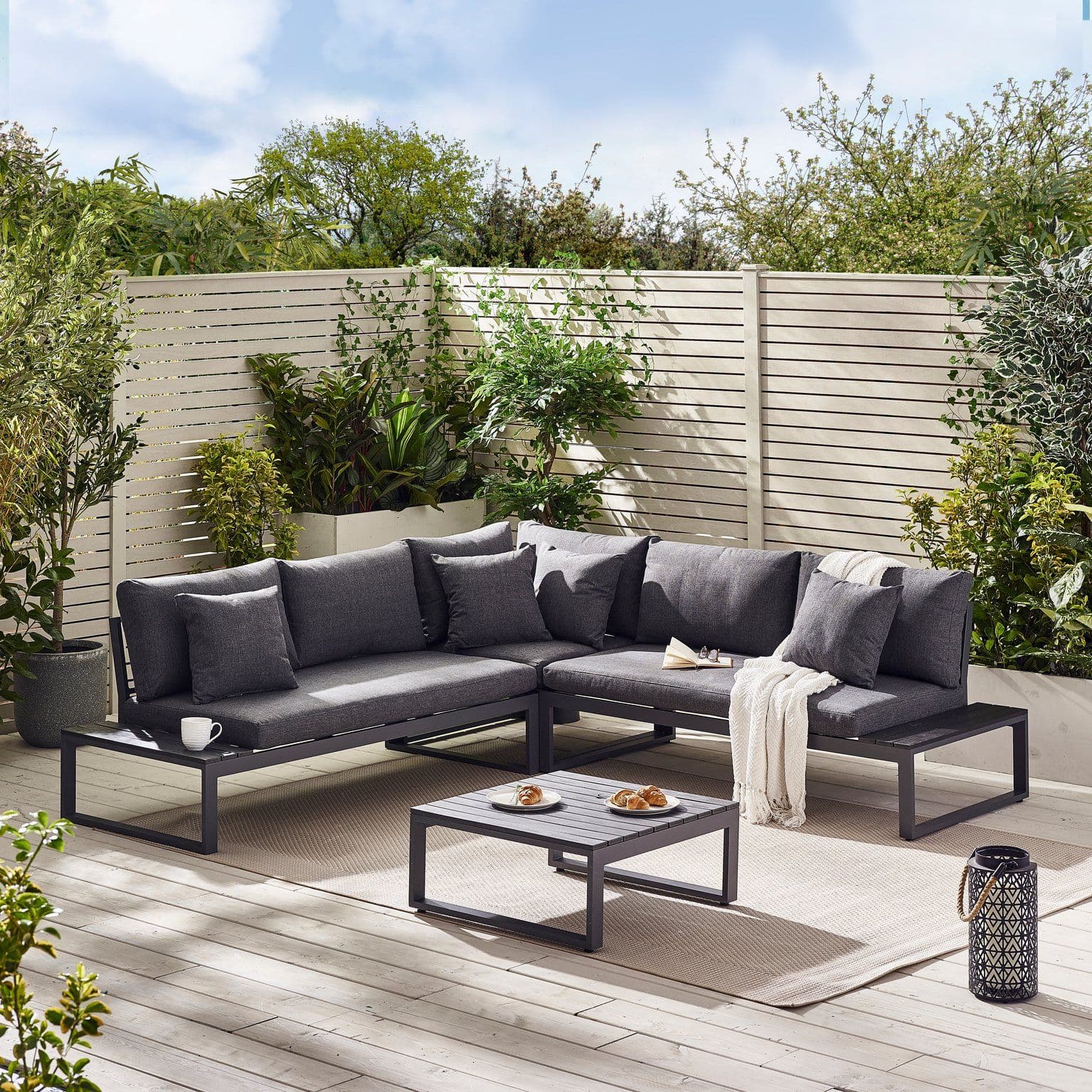 Dubai Metal & Wood Effect 6 Seat Outdoor Garden Corner Sofa & Coffee Table Modern Garden Furniture Set