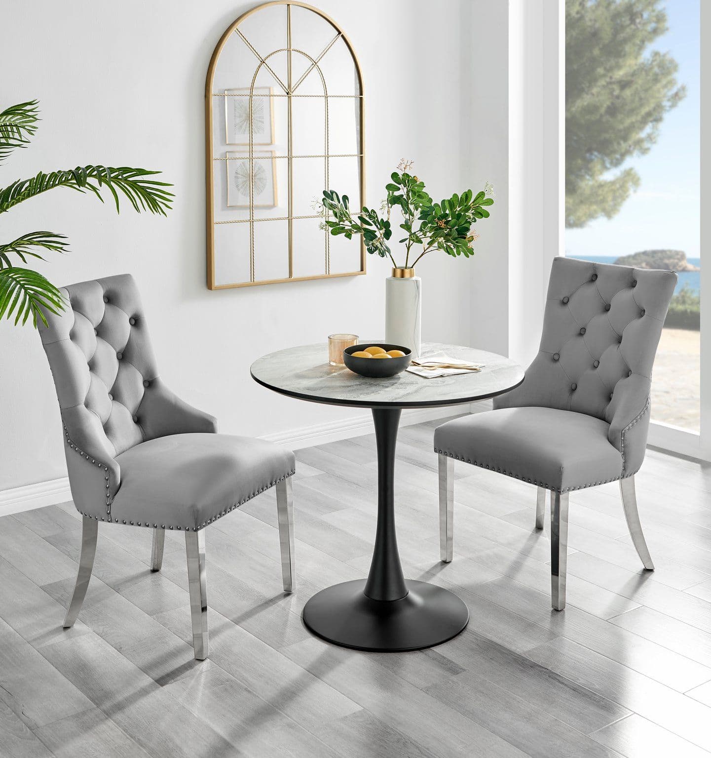 Elina Marble Effect Scratch Resistant Dining Table & 2 Grey Belgravia Velvet Chairs