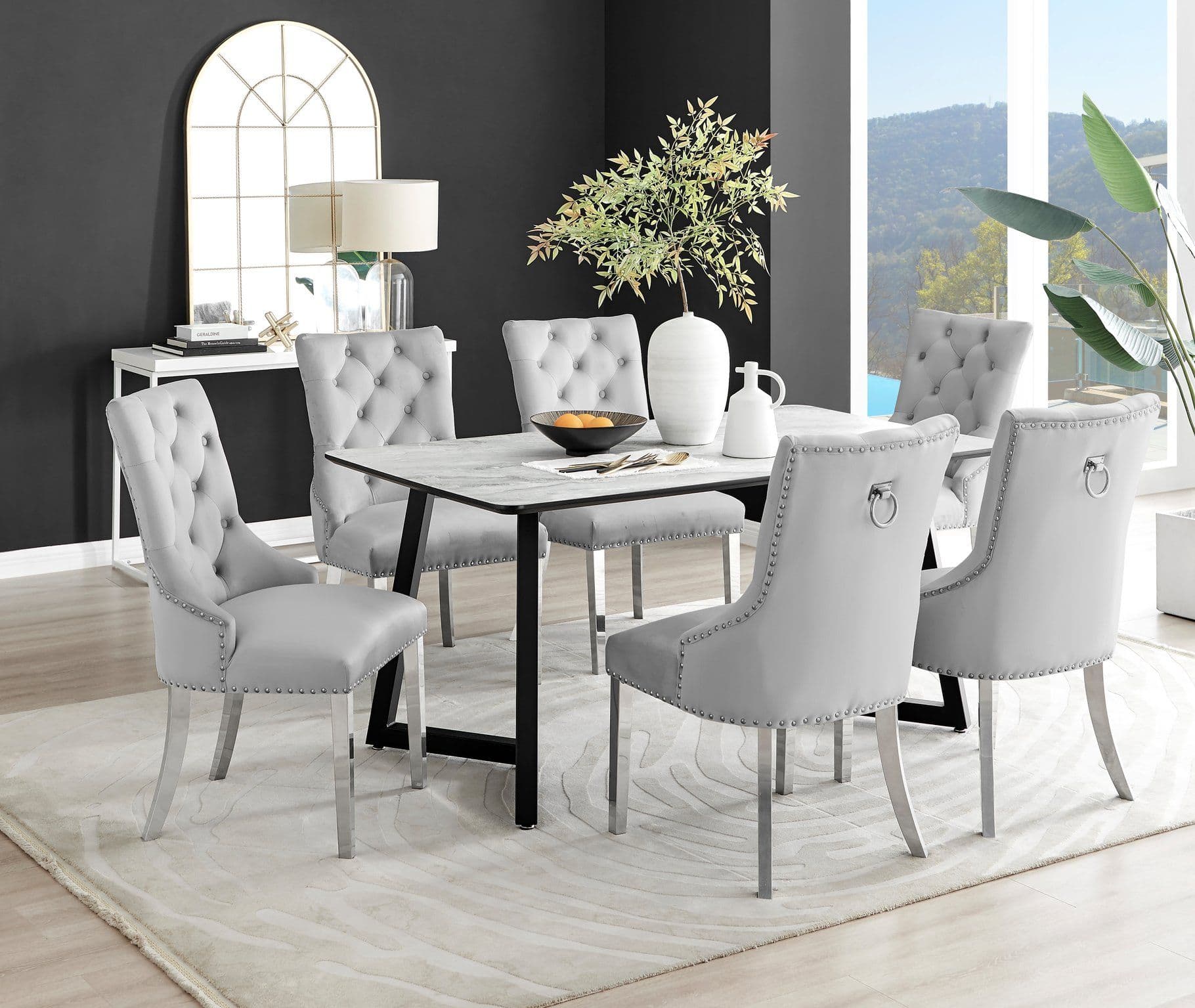 Carson Marble Effect Dining Table & 6 Grey Belgravia Chairs