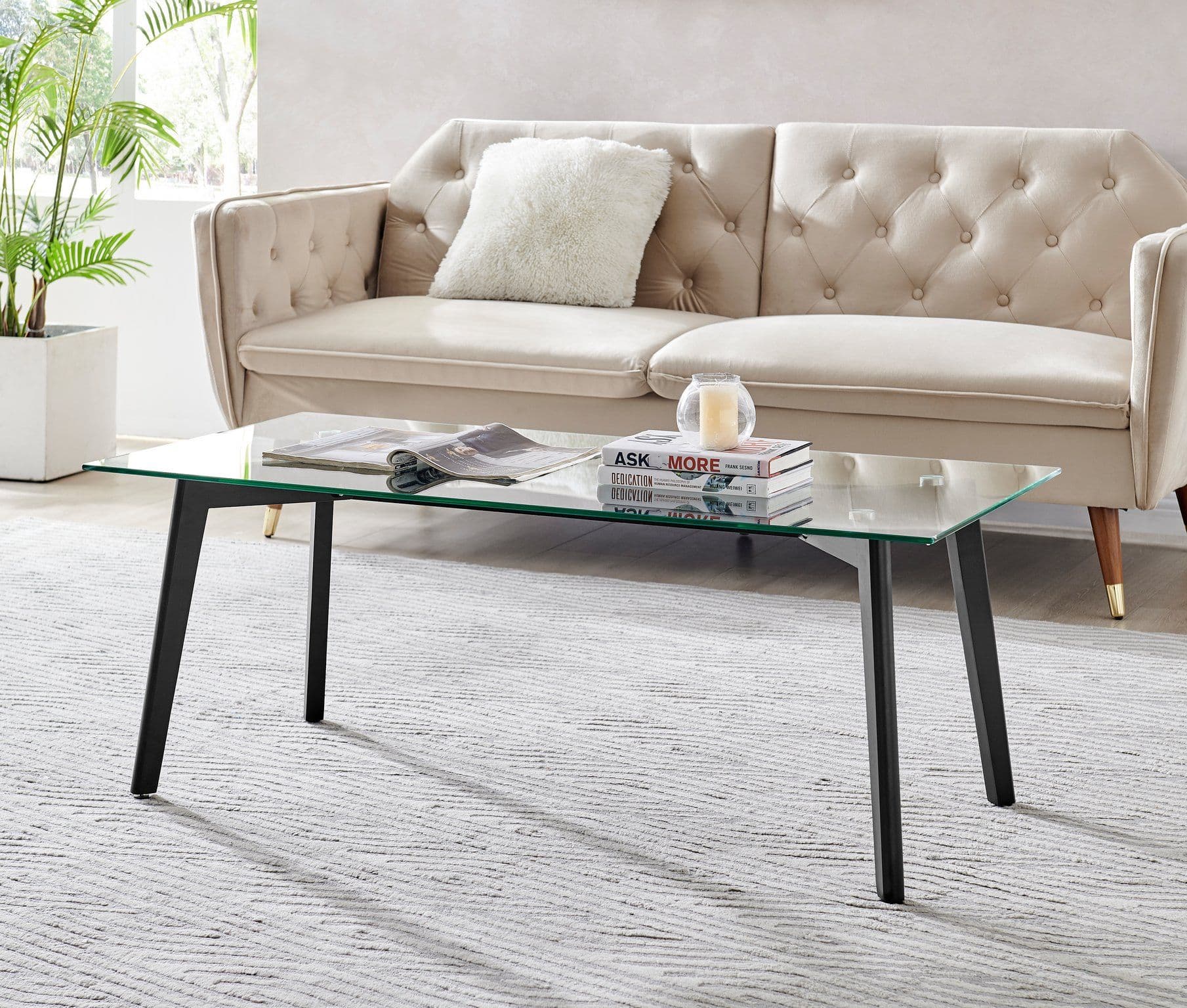 Malmo Beech Wood Scandi Inspired Coffee Table Rectangular Tempered Glass Top Wooden Legs