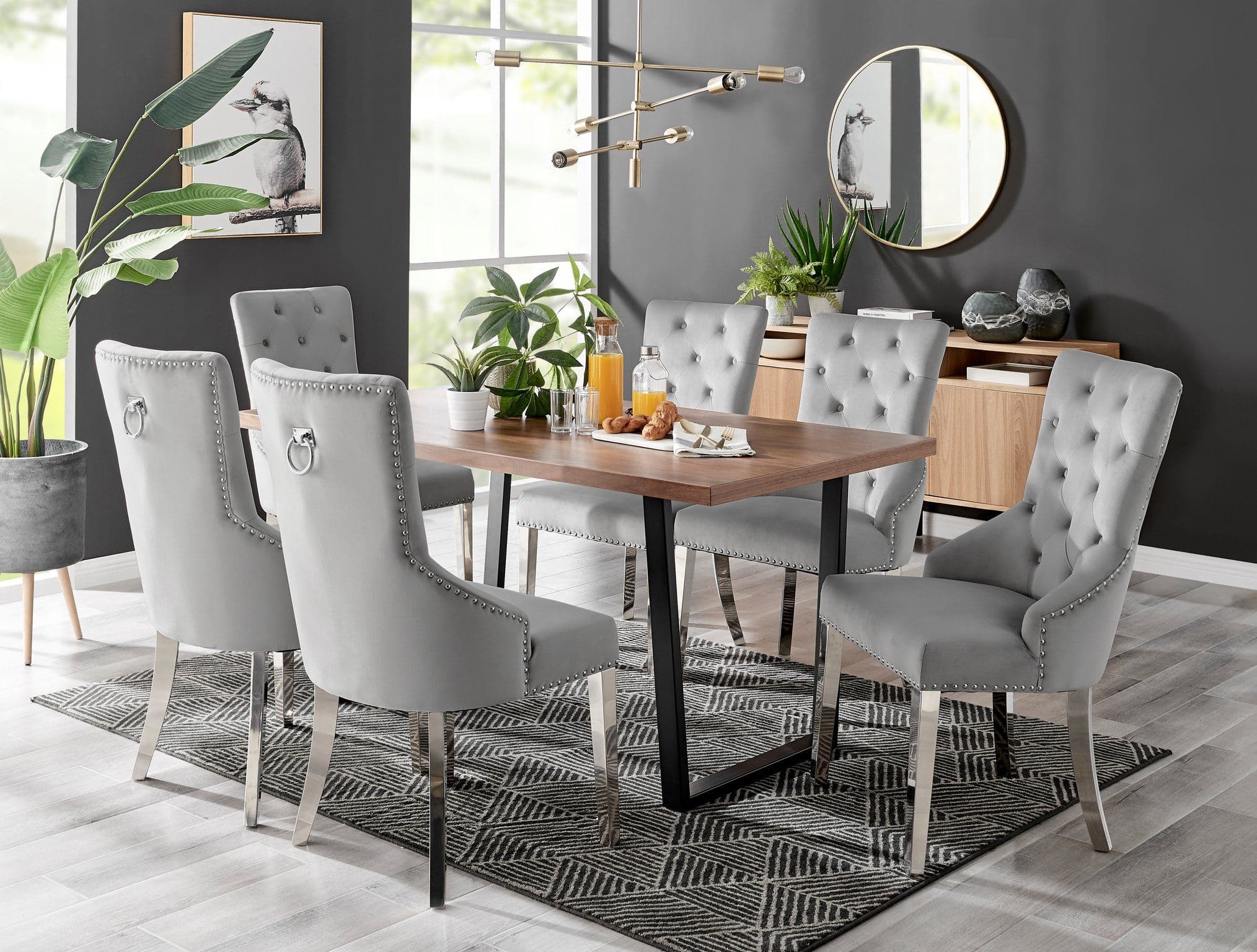 Kylo Large Wood Effect Dining Table & 6 Grey Belgravia Veltvet Chairs