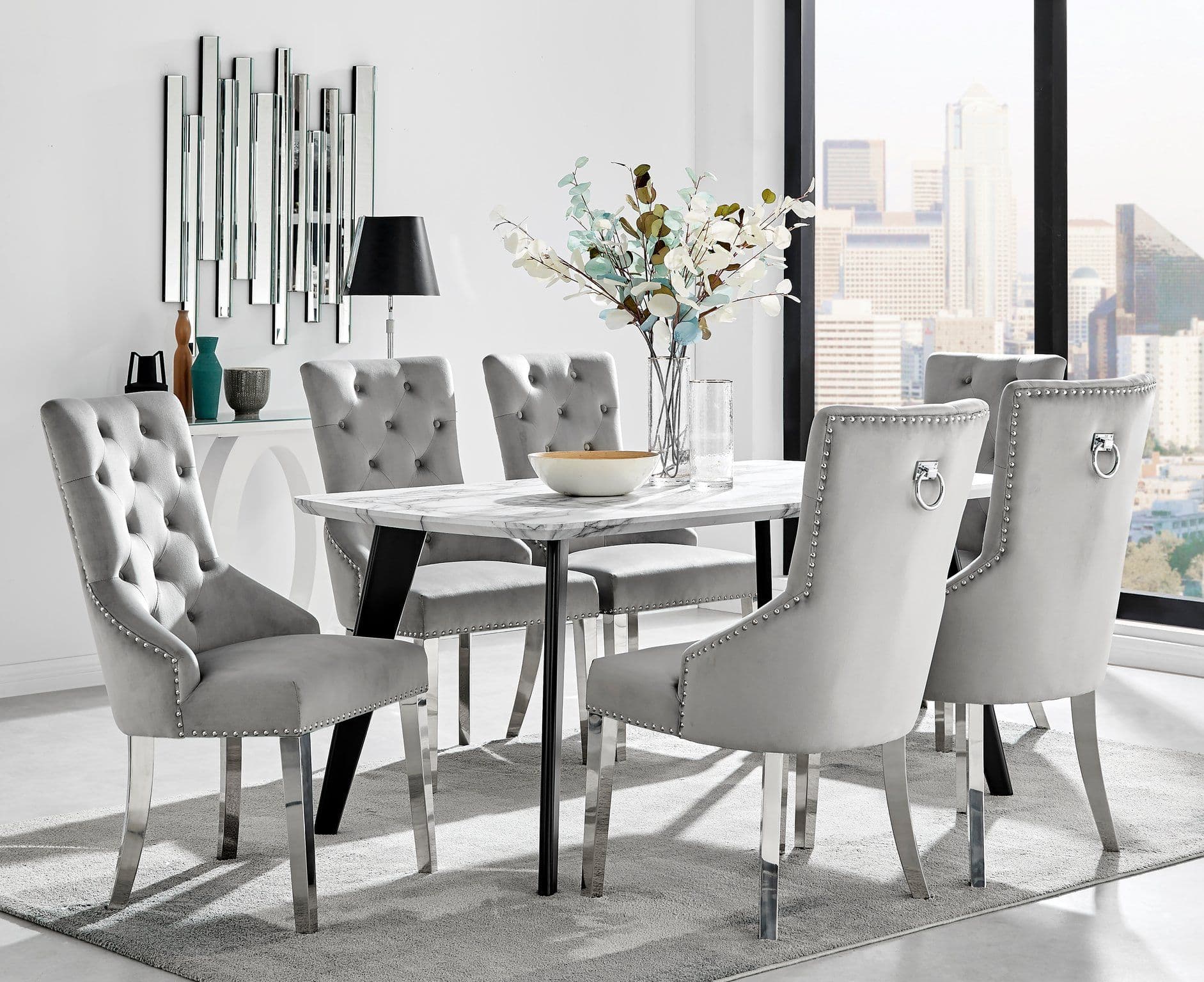Andria Marble Effect Dining Table Legs & 6 Grey Belgravia Velvet Chairs