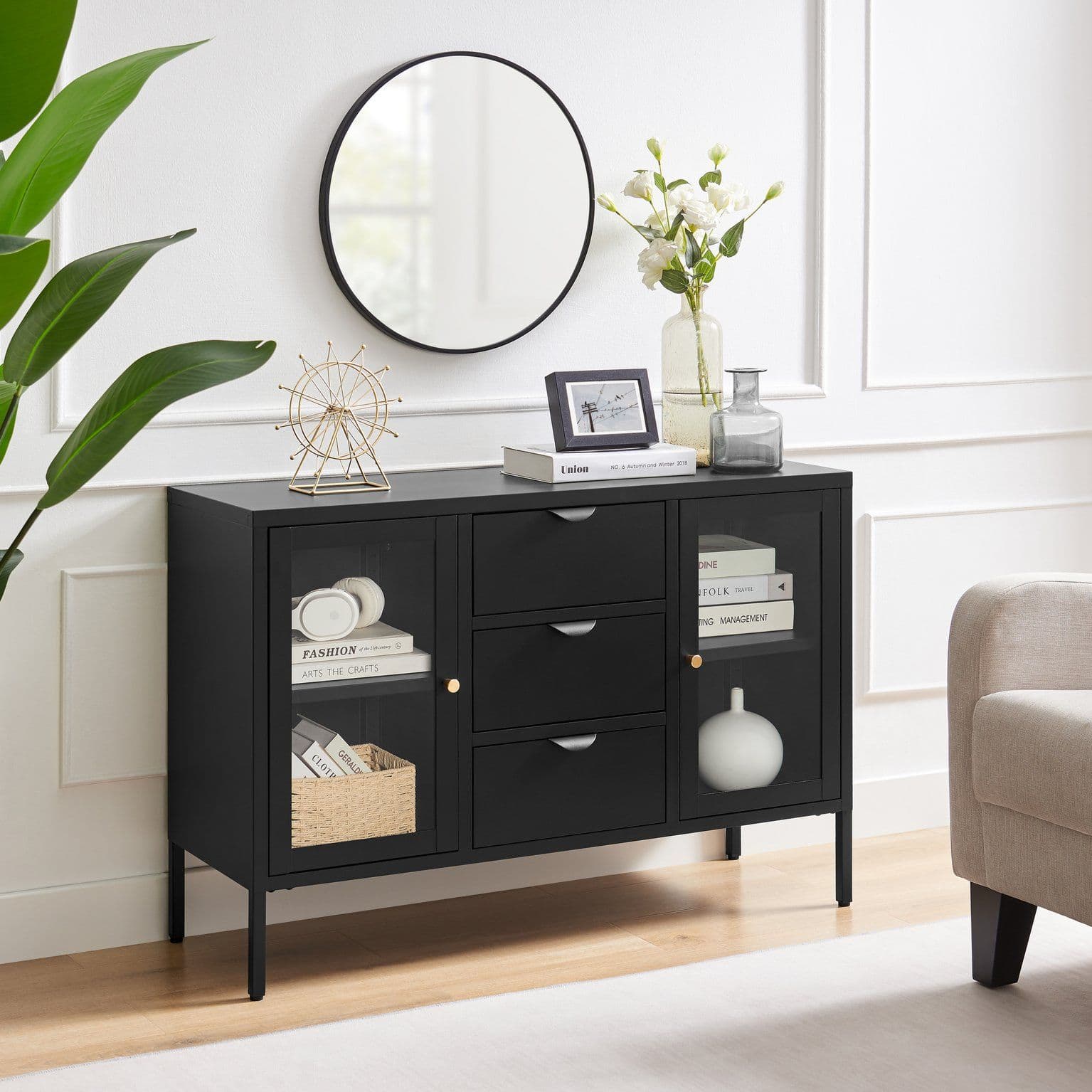 Kafe Metal Sideboard Display Shelves & 3 Drawers