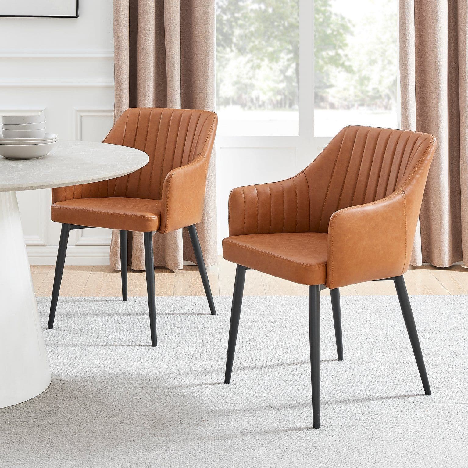 Set 2 Calla Tan Faux Leather Dining Chairs Metal Blacks