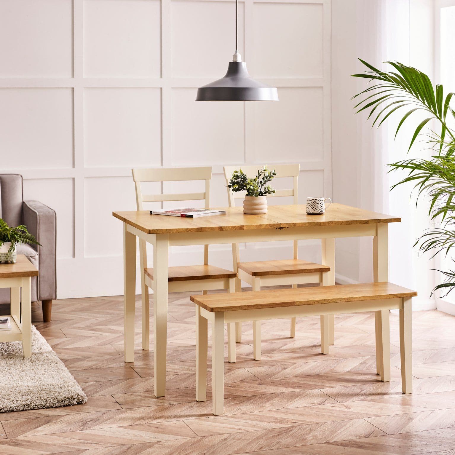 Salcombe Extending Rectangular Wooden Table 2 Whitby Chairs & 1 Small Bench