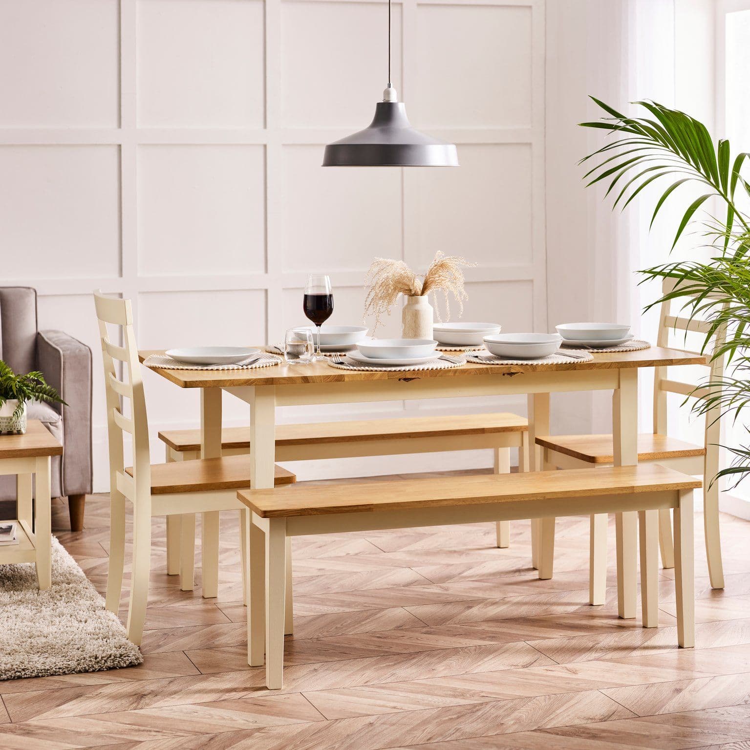 Salcombe Extending Rectangular Wooden Table 2 Whitby Chairs & 2 Large Benches