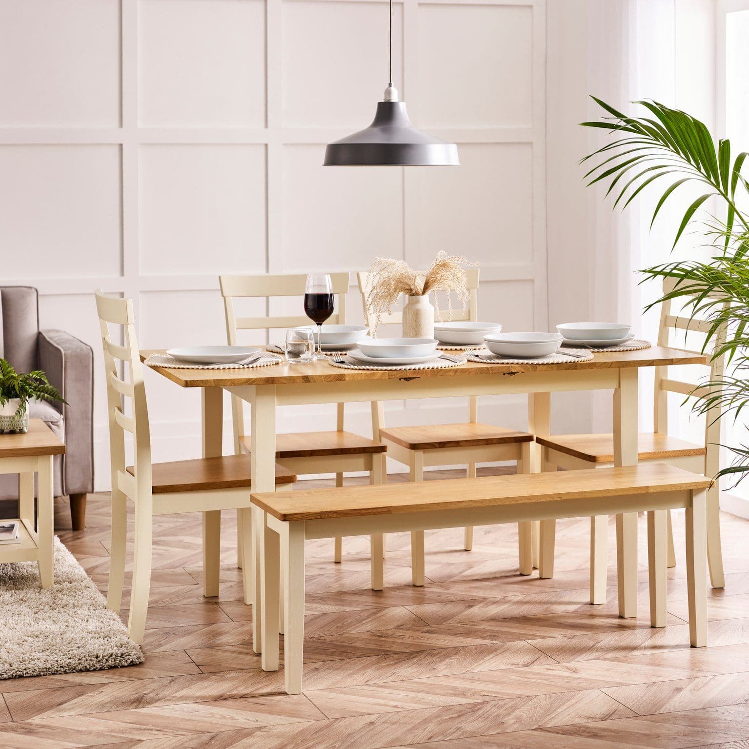 Salcombe Extending Rectangular Wooden Table 4 Whitby Chairs & 1 Large Bench
