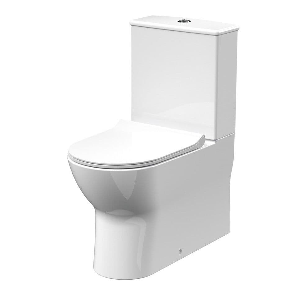Rimless Flush to Wall Close Coupled Toilet Pan Cistern & Soft Close Sandwich Seat 806mm x 375mm x 612mm