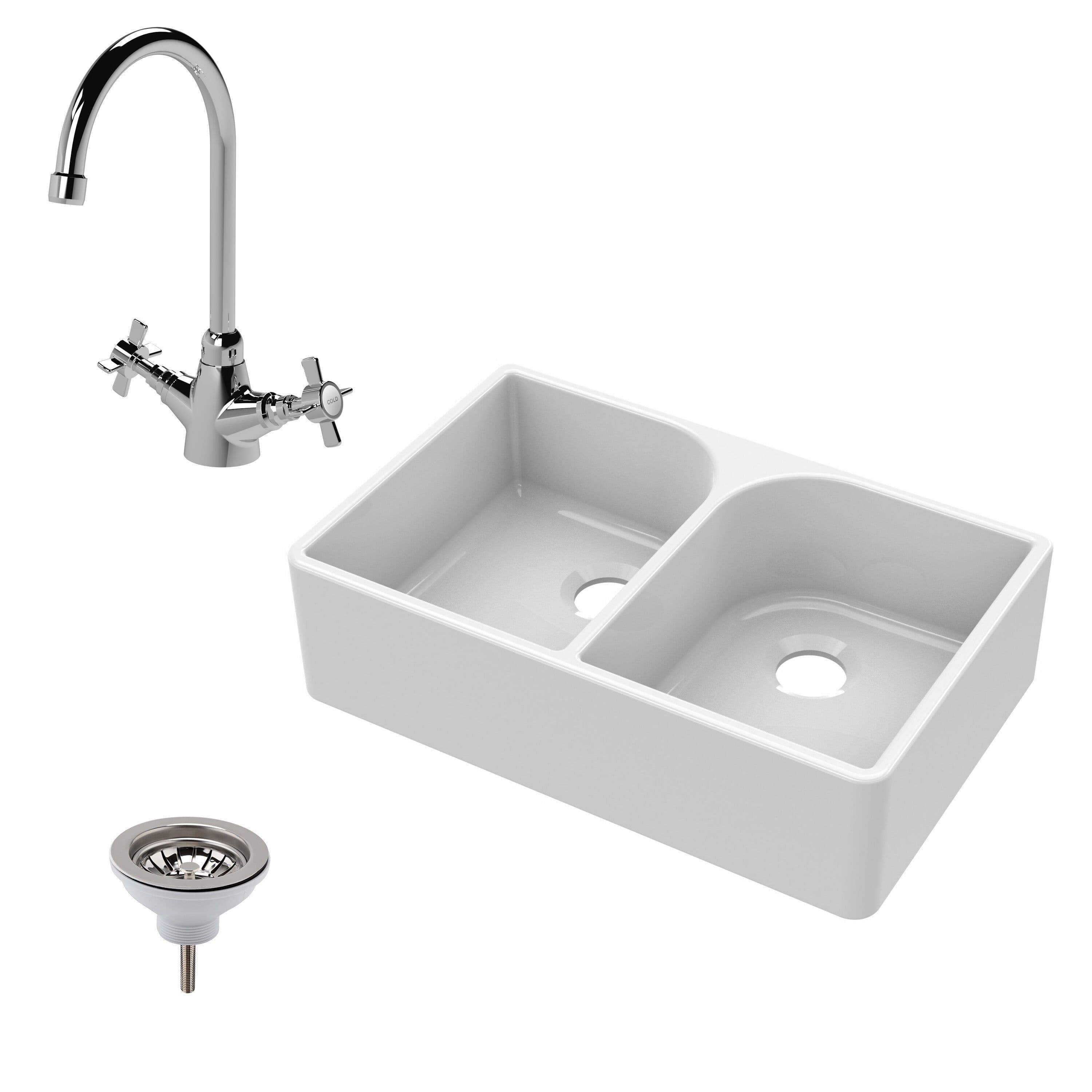 Fireclay 2 Bowl Full Weir Butler Sink Tap Waste Bundle 795mm