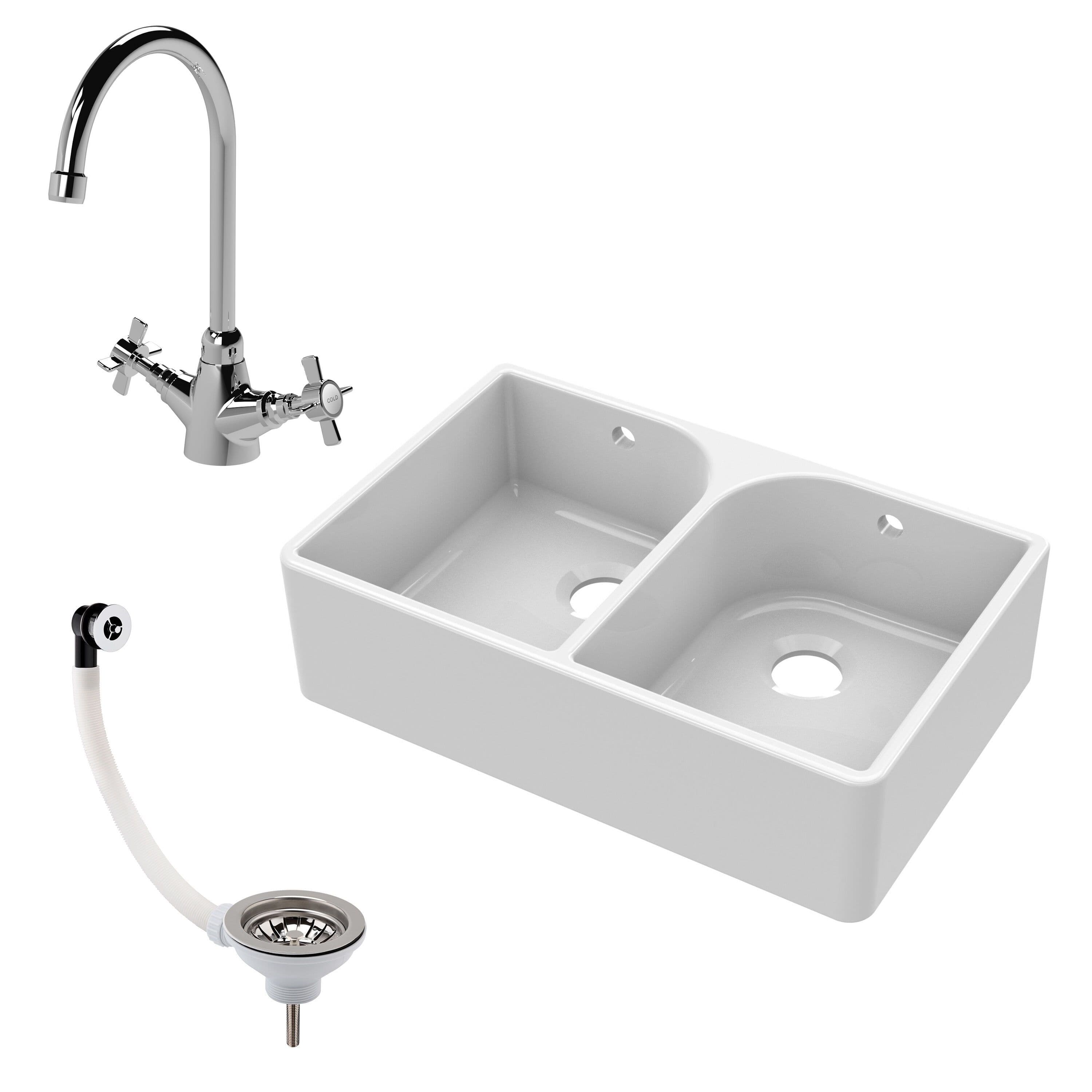 Fireclay 2 Bowl Full Weir Butler Sink Tap Waste 795mm