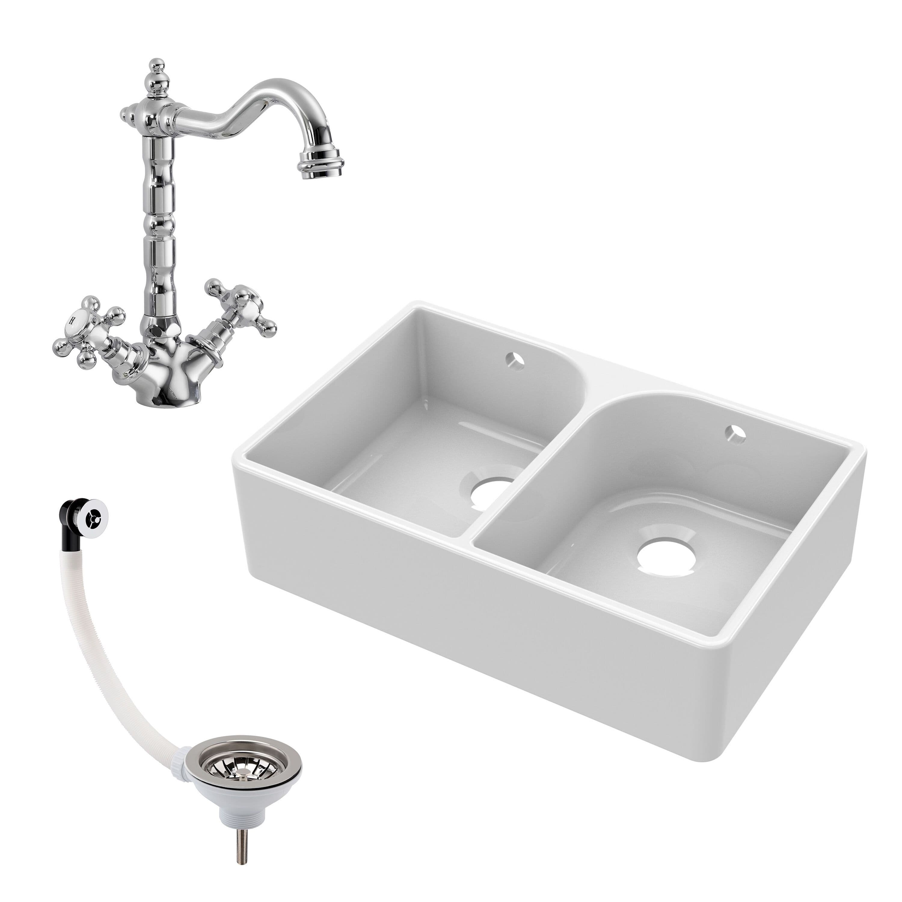 Fireclay 2 Bowl Full Weir Butler Sink Overflow Tap Waste 795mm