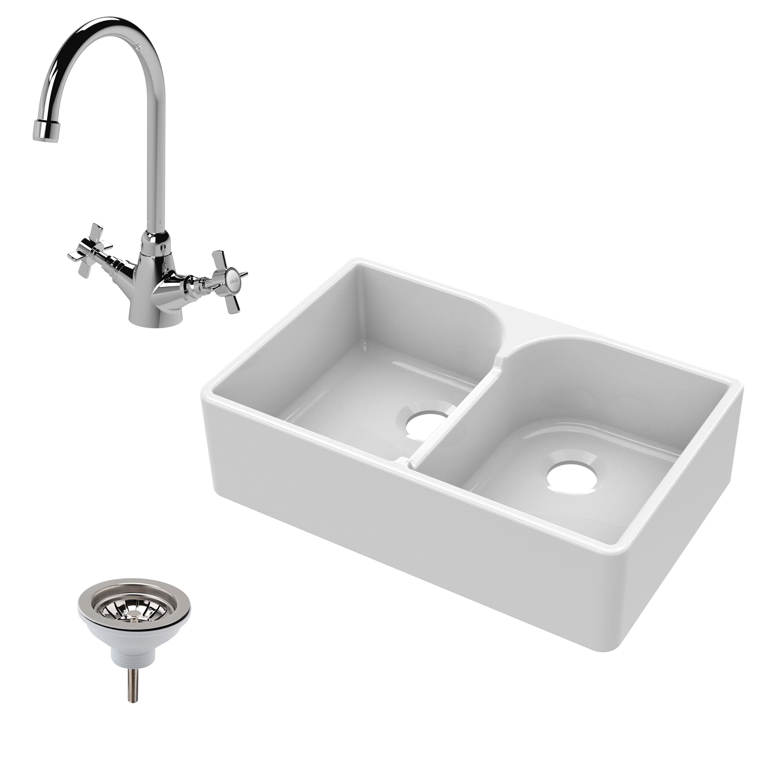 Fireclay 2 Bowl Stepped Weir Butler Sink Mono Sink Mixer Waste 795mm