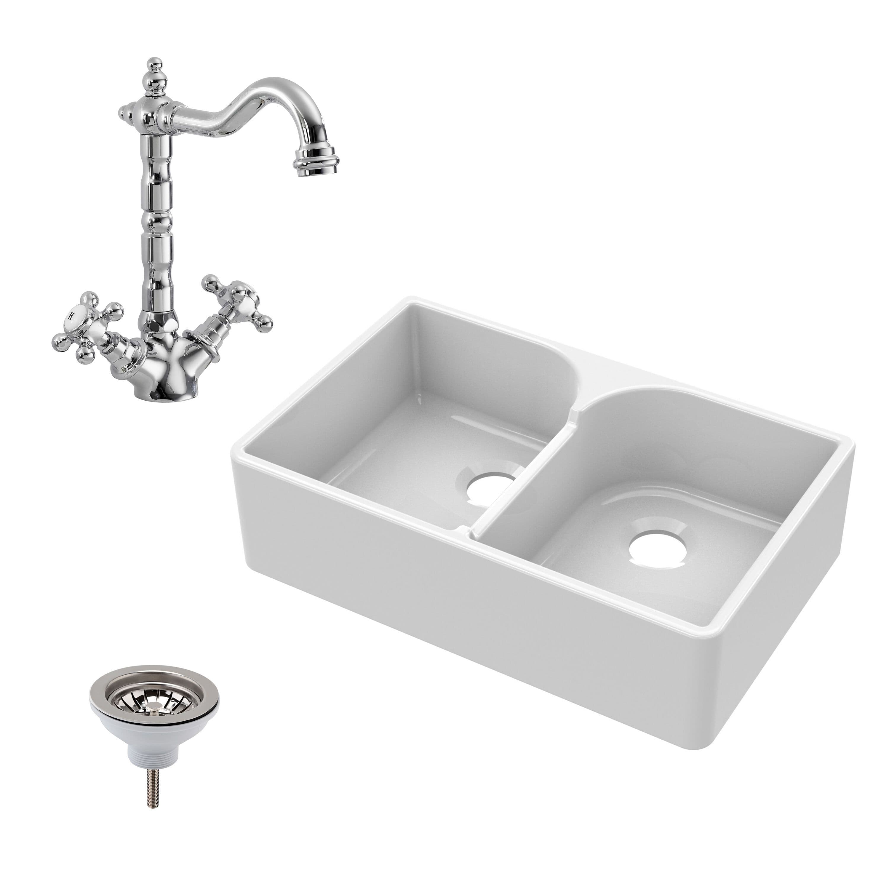 Fireclay 2 Bowl Stepped Weir Butler Sink Tap Waste 795mm