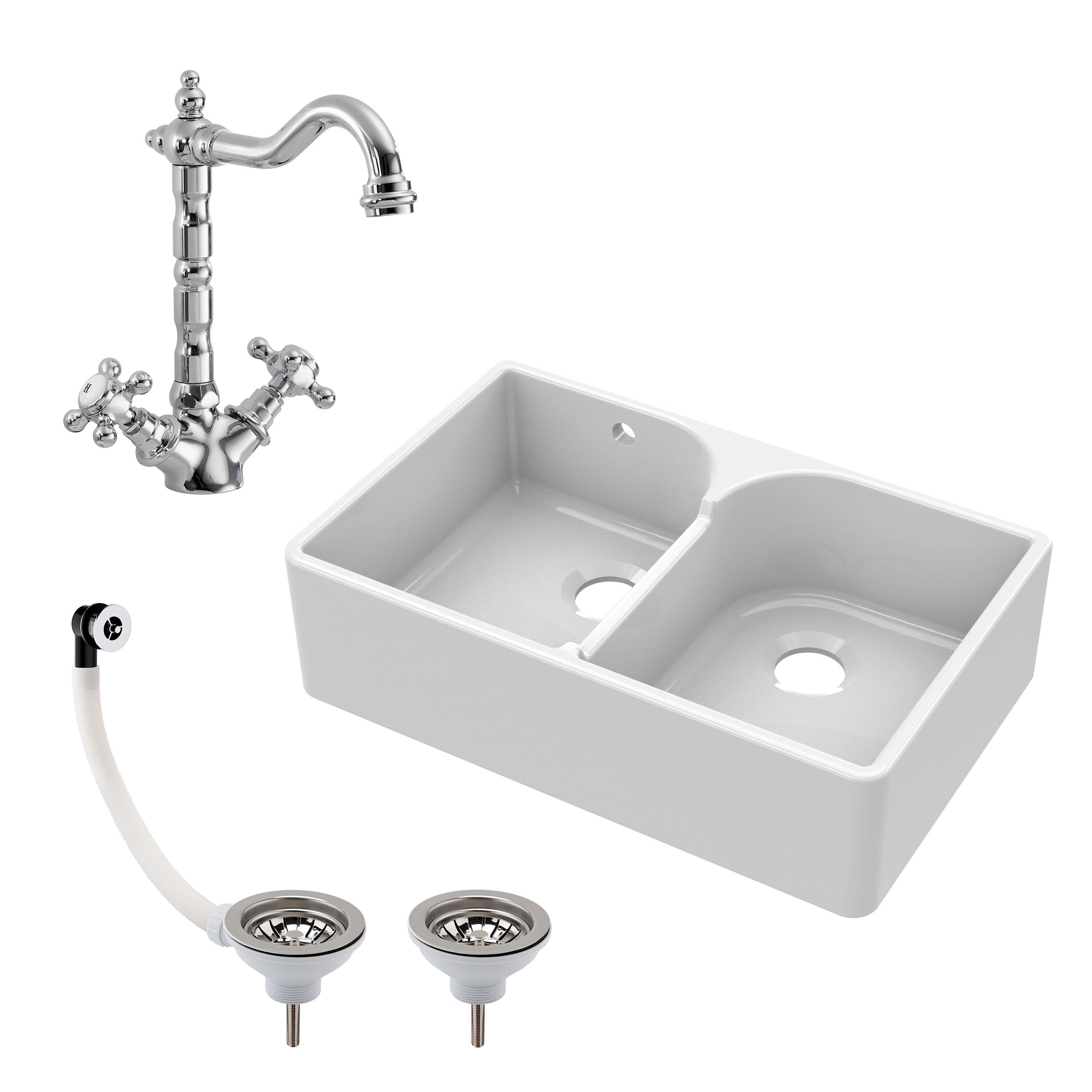 Fireclay 2 Bowl Stepped Weir Butler Sink Overflow Tap Waste 795mm