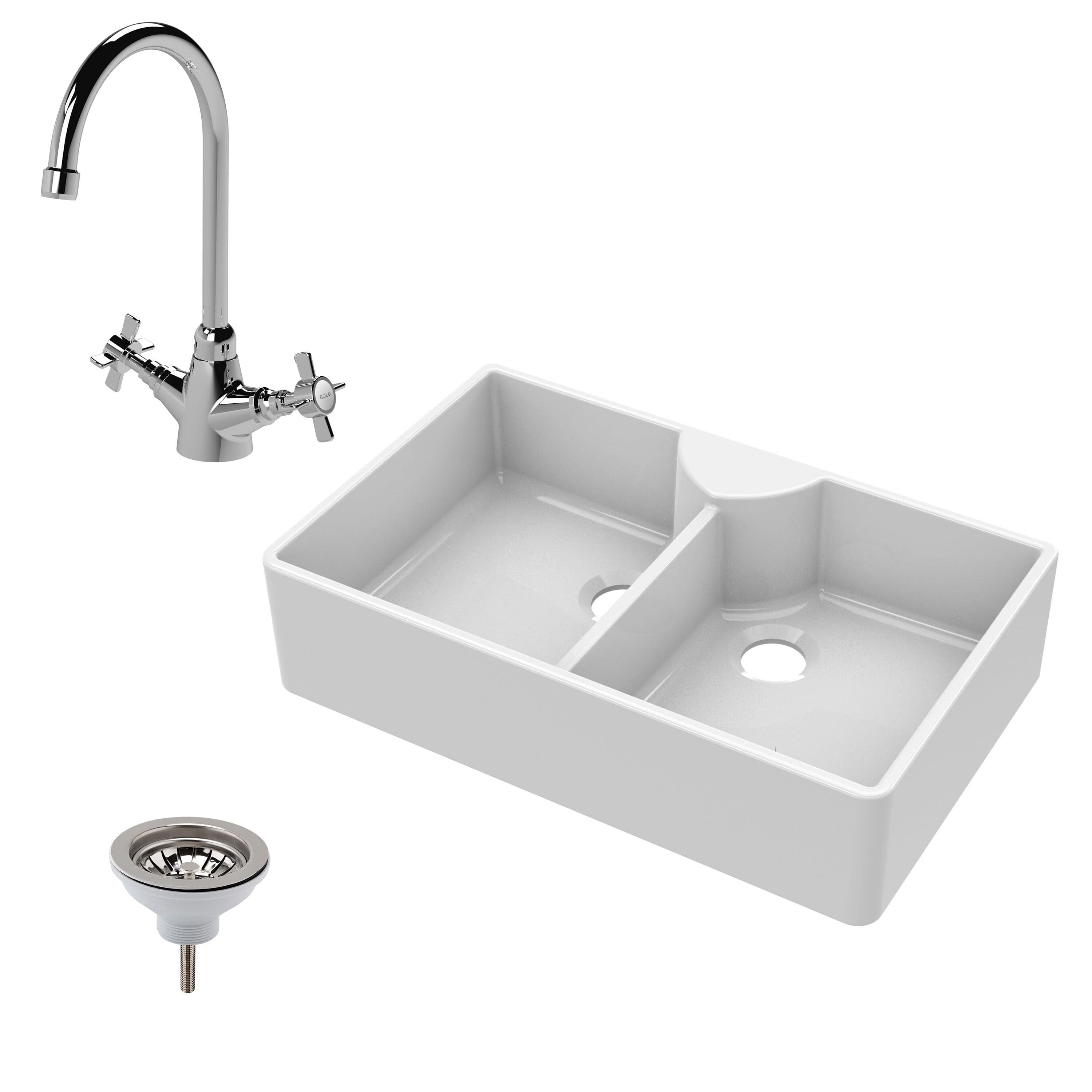 Fireclay 2 Bowl Stepped Weir Butler Sink Mono Sink Mixer Waste 895mm