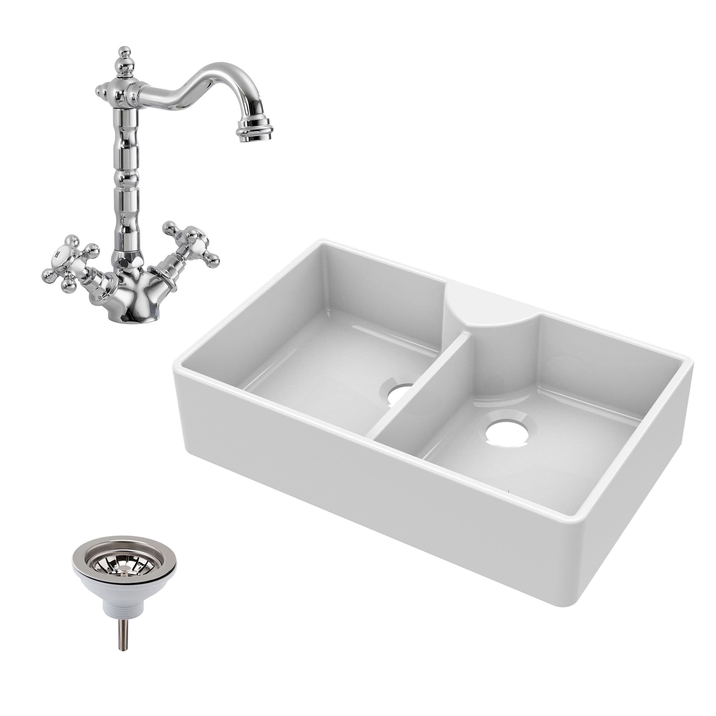 Fireclay 2 Bowl Stepped Weir Butler Sink Tap Ledge Tap Waste 895mm