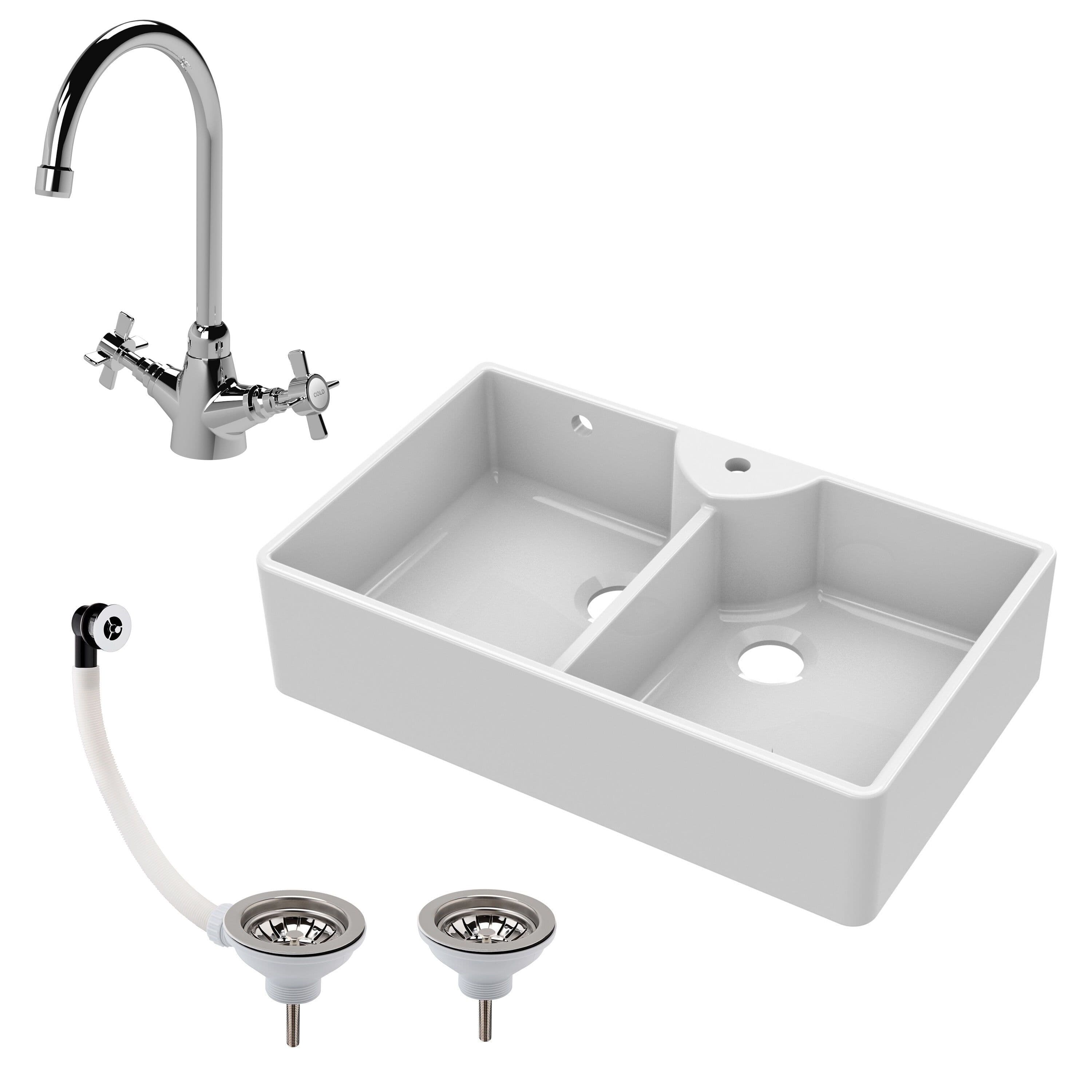 Fireclay 2 Bowl Stepped Weir Butler Sink Overflow Tap Waste 895mm