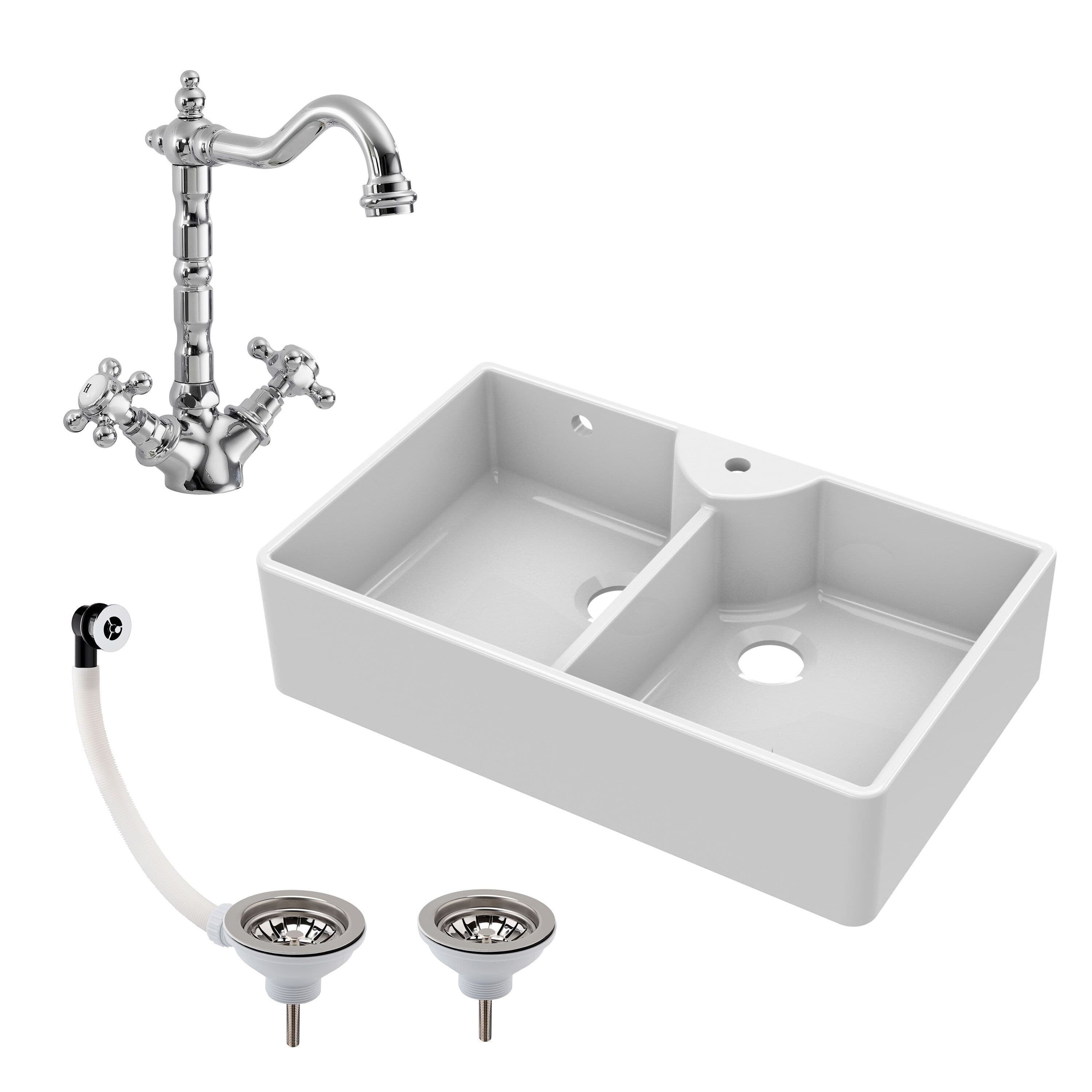 Fireclay 2 Bowl Stepped Weir Butler Sink 1 Tap Hole Tap Waste 895mm
