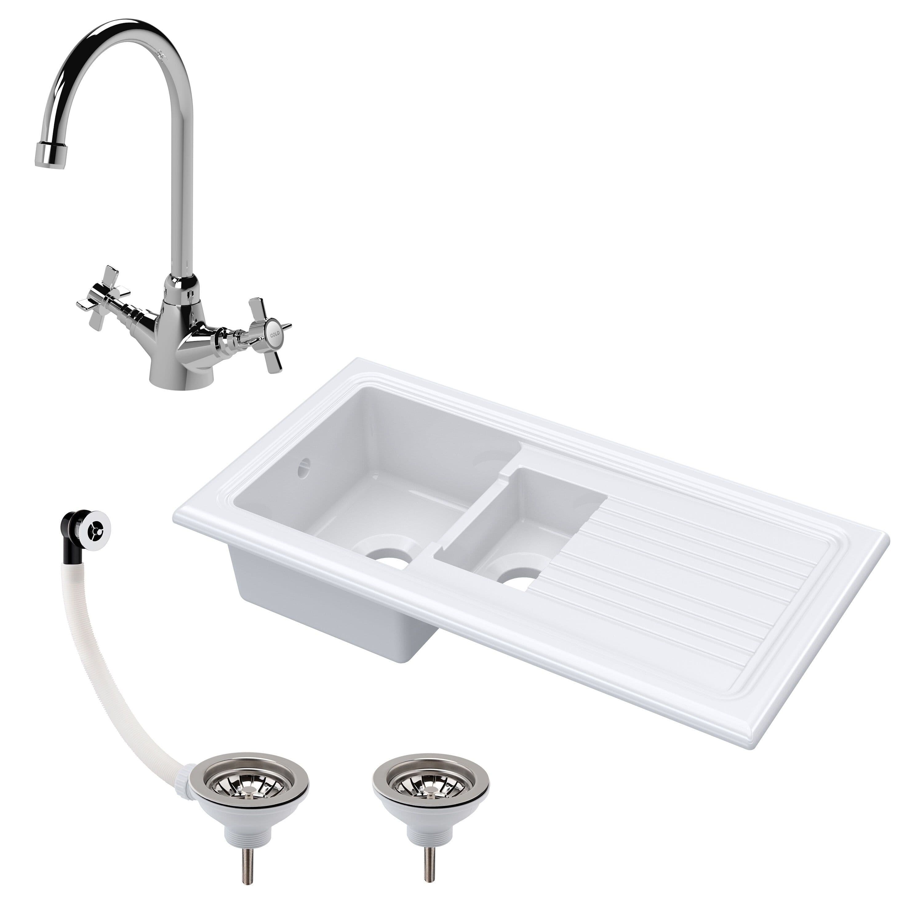 Fireclay Drop Sink 1.5 Bowl Drainer Tap Waste 1010mm