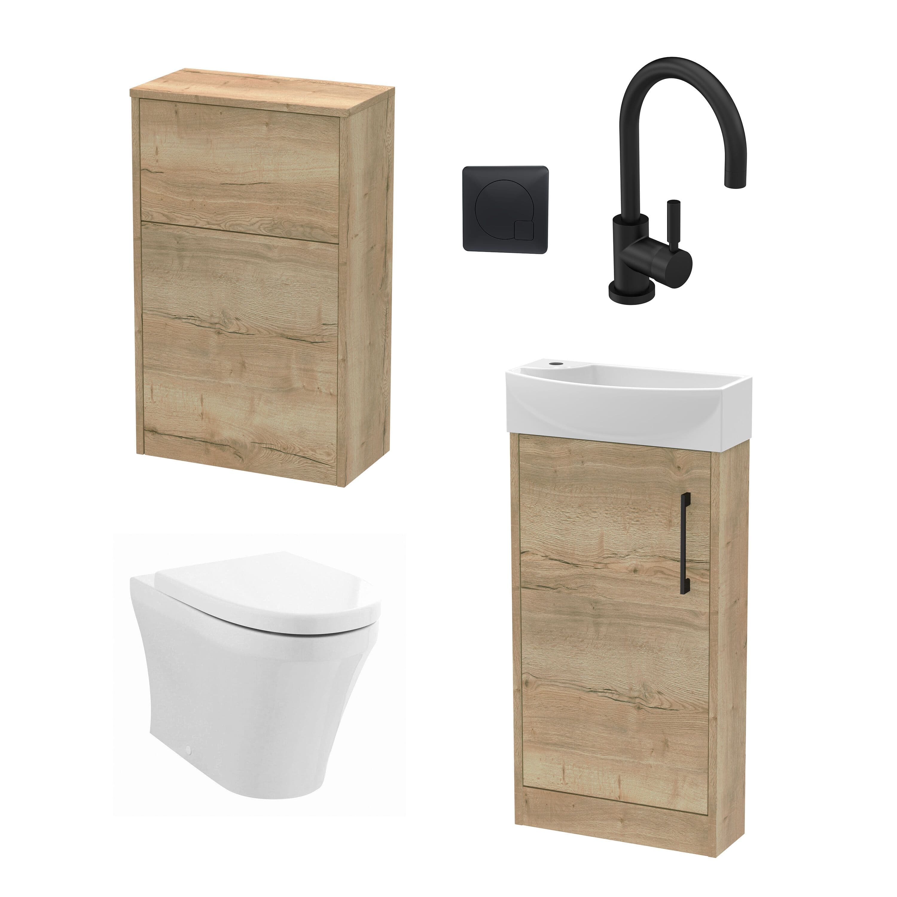 Cloakroom Suite Right Hand 440mm Vanity WC Unit Toilet Tap Oak Black