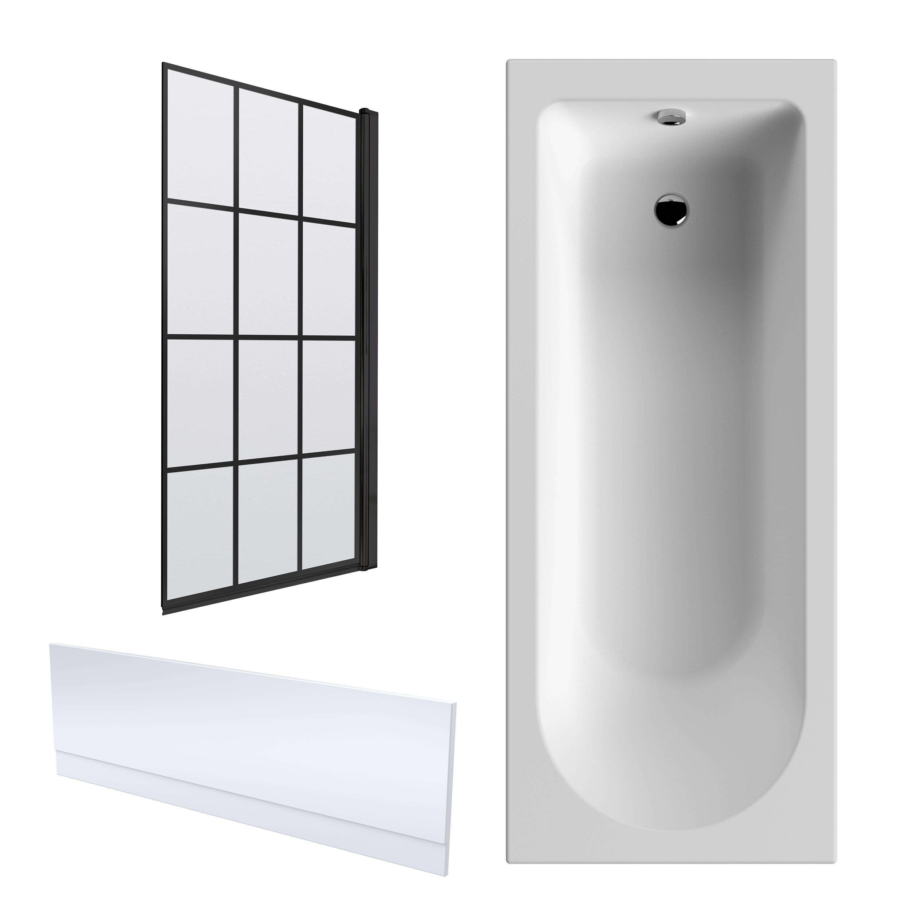 Shower Bath Bundle Single End Round Tub Front Panel & Square Bath Screen 1700mm x 700mm Framed