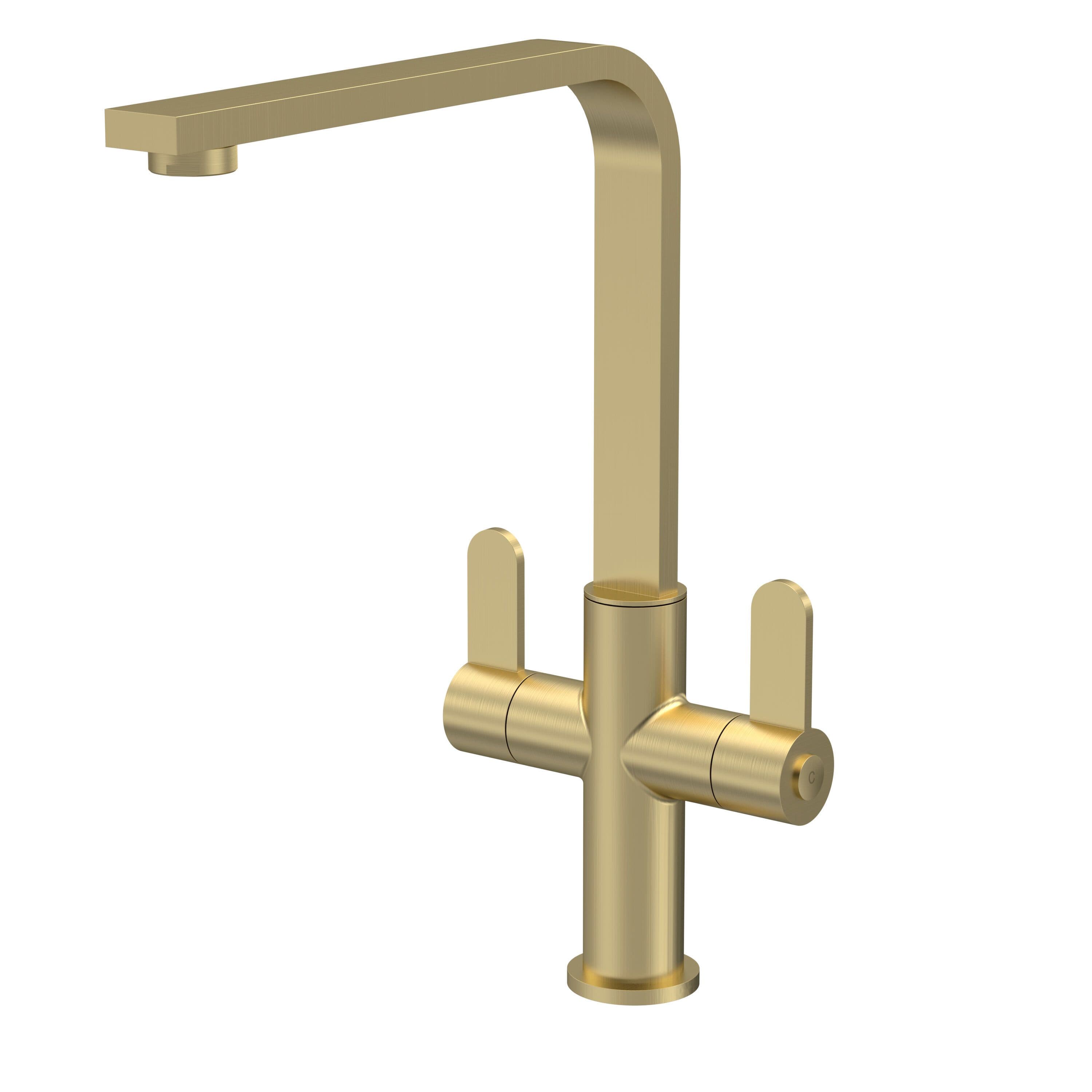 Kitchen Mono Mixer Tap 2 Lever Handles Brushed Brass 302mm