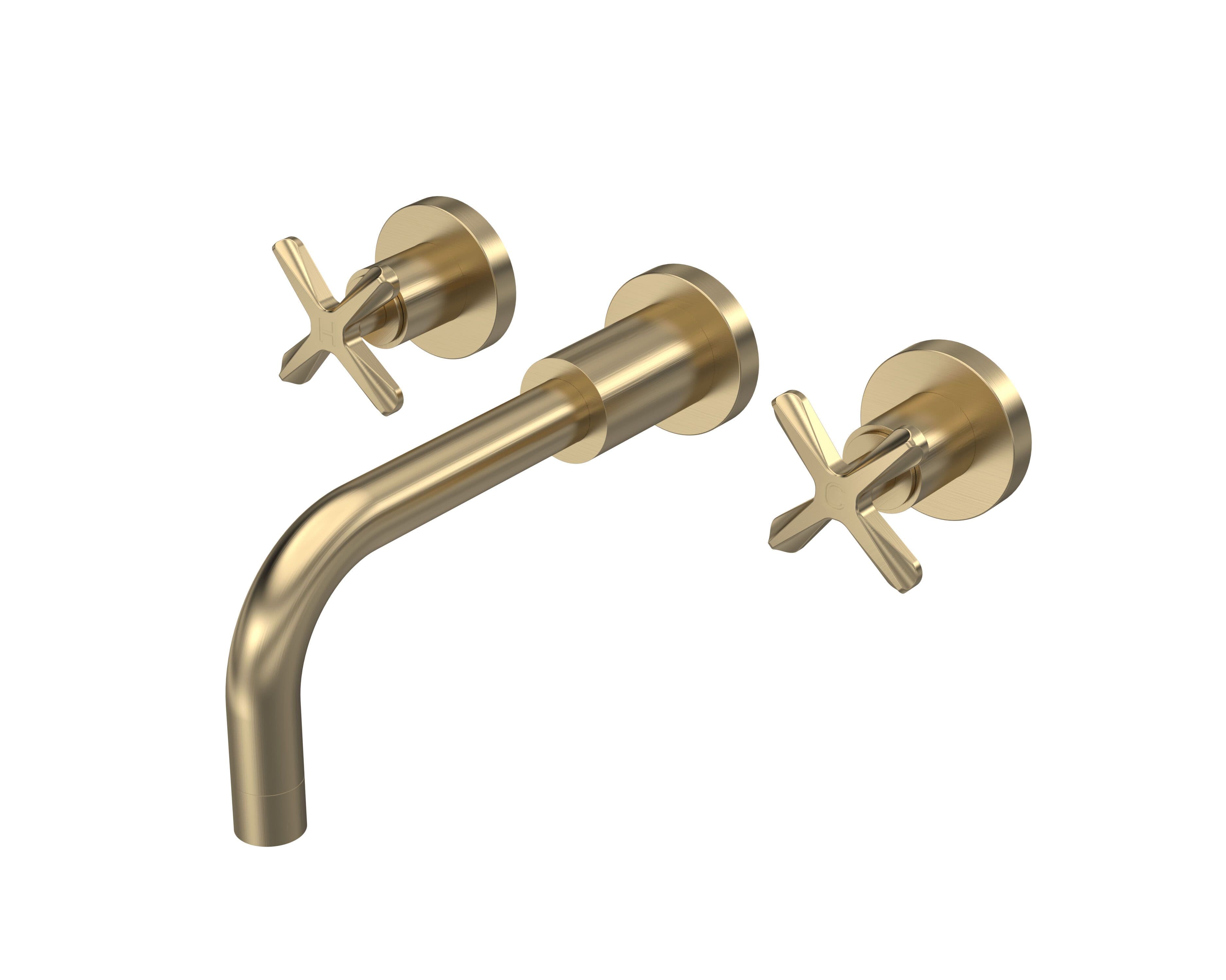 Wall Mount 3 Tap Hole Basin Mixer Tap Crosshead Handles Brushed Brass