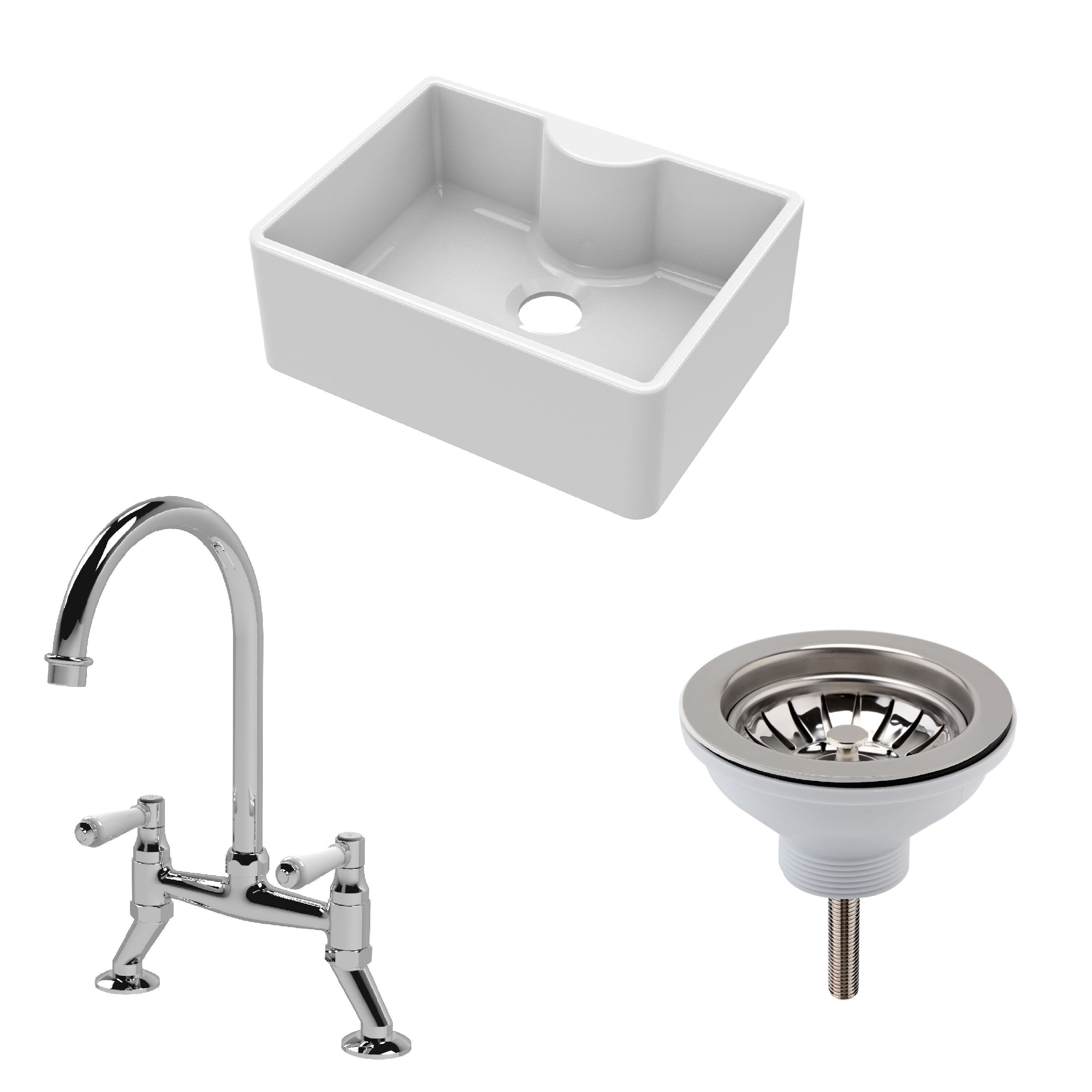 Fireclay 1 Bowl Butler Sink Tap Ledge Waste Mixer Tap 595mm