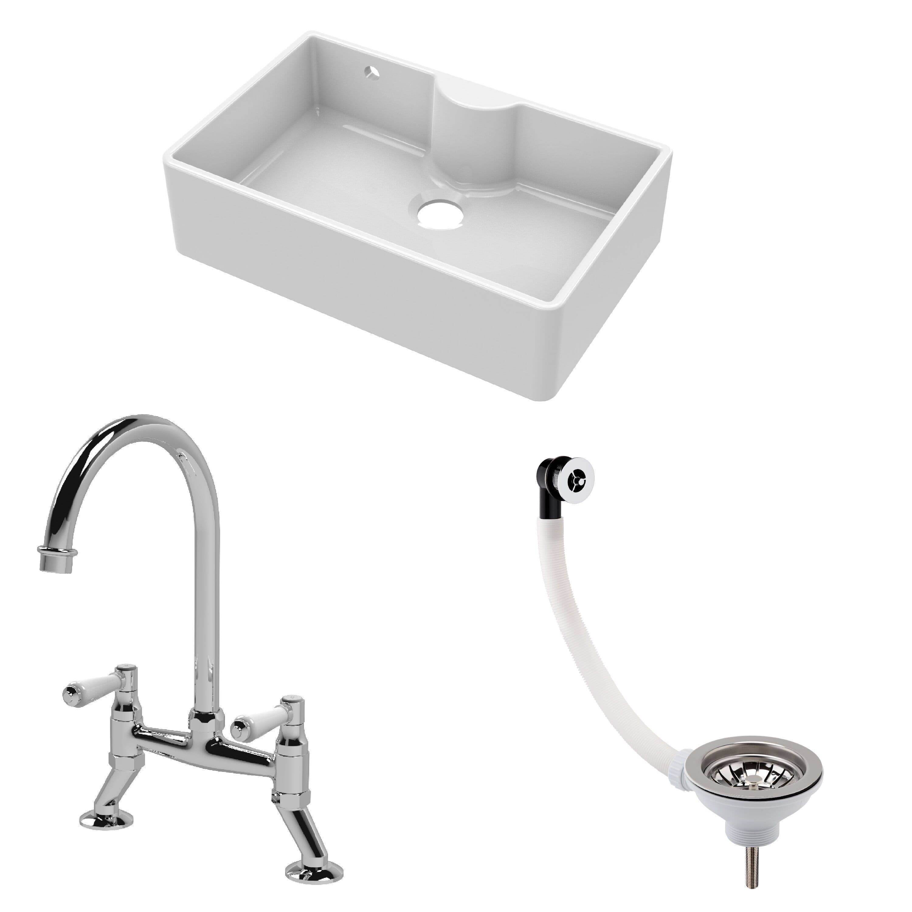 Fireclay 1 Bowl Butler Sink Overflow Ledge Waste Mixer Tap 795mm