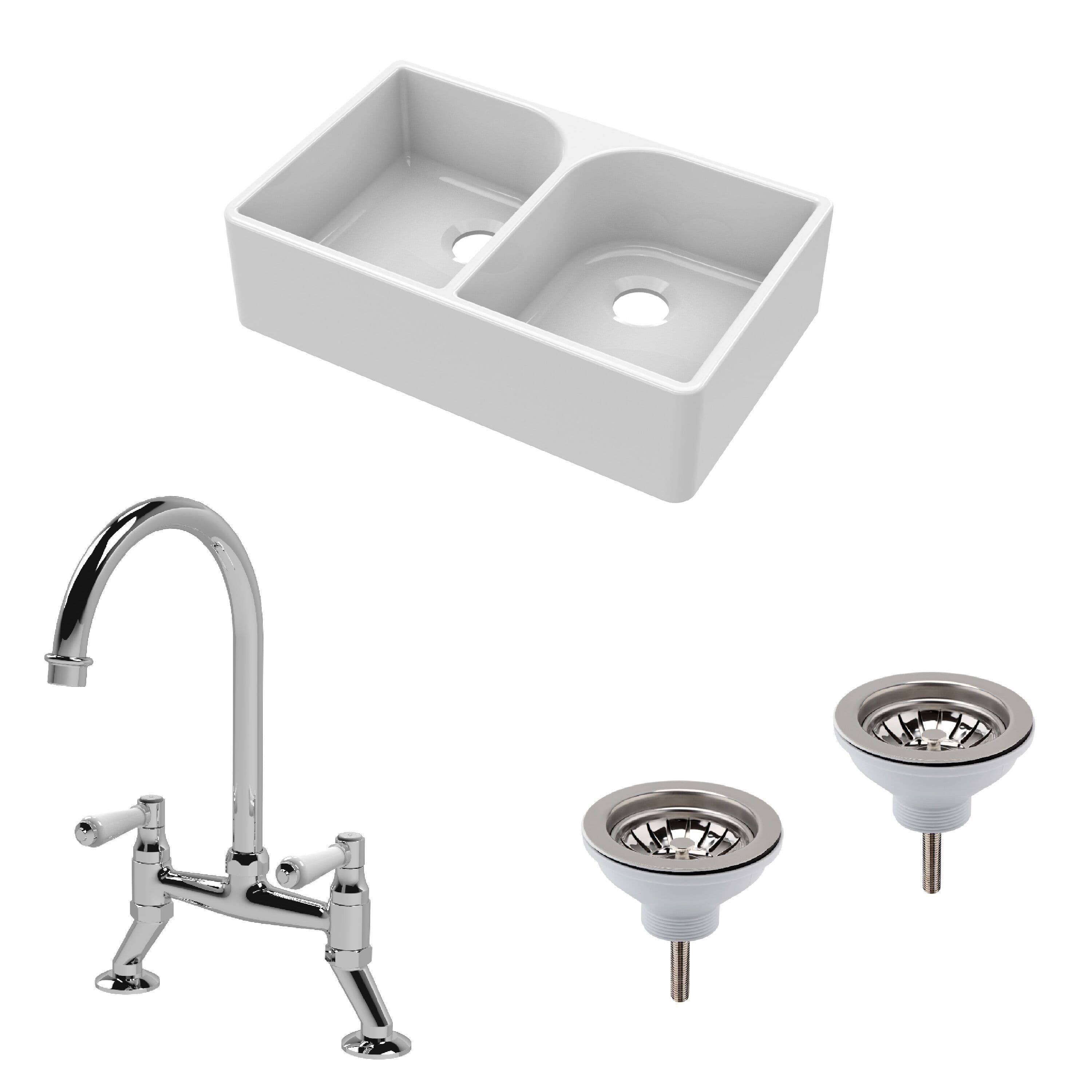 Fireclay 2 Bowl Full Weir Butler Sink No Overflow Wastes Tap 795mm