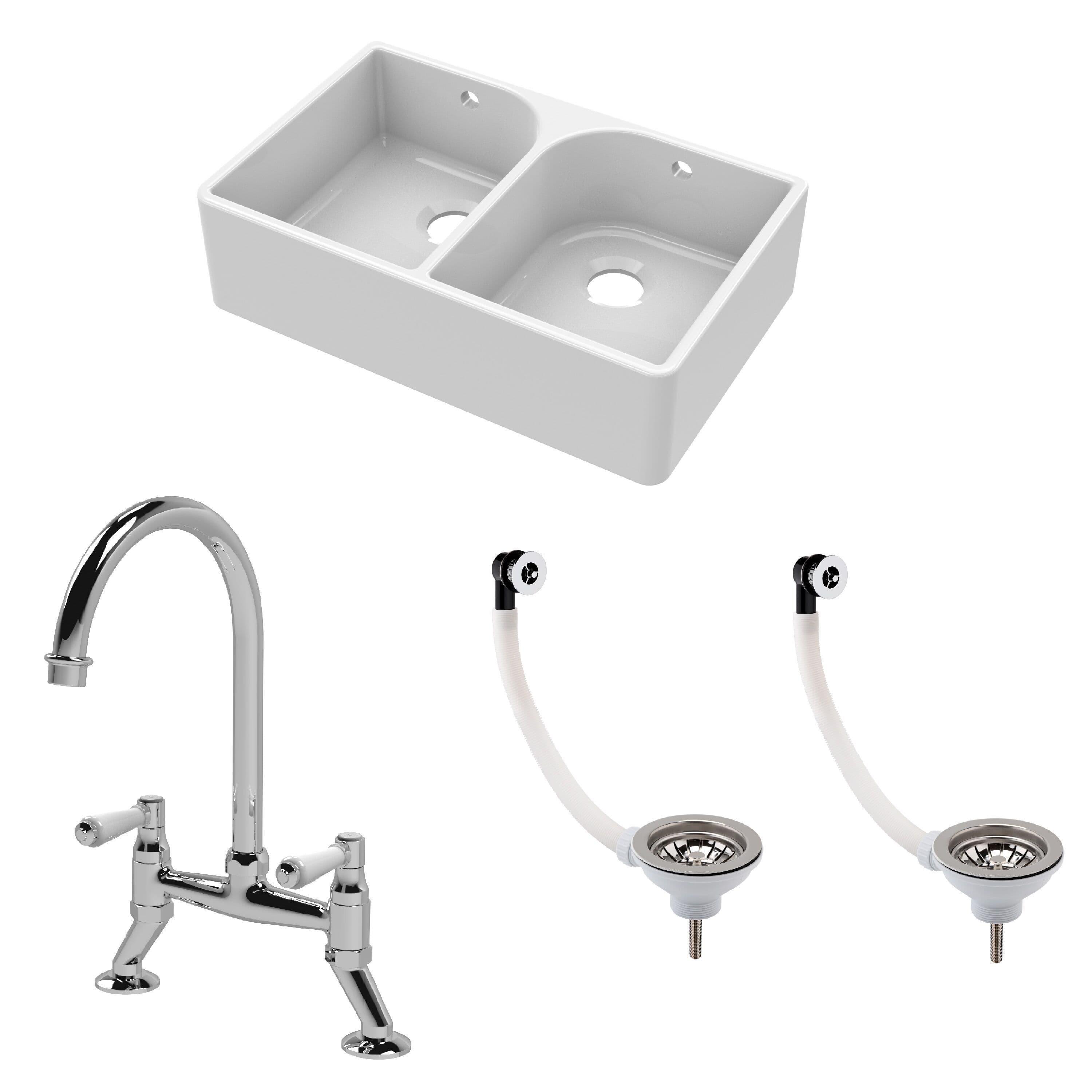 Fireclay 2 Bowl Full Weir Butler Sink Wastes Tap 795mm