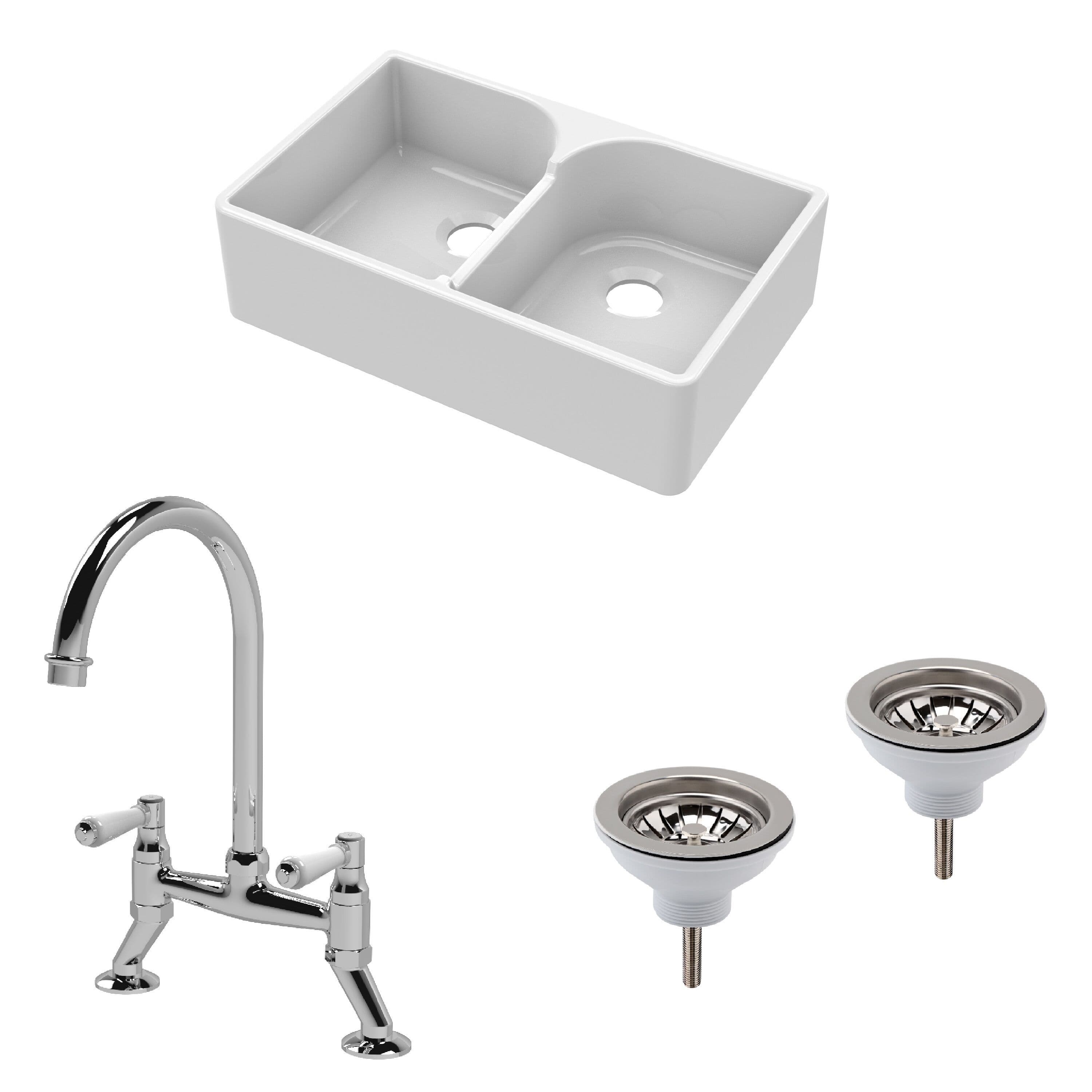 Fireclay 2 Bowl Stepped Weir Butler Sink Wastes Bridge Tap 795mm