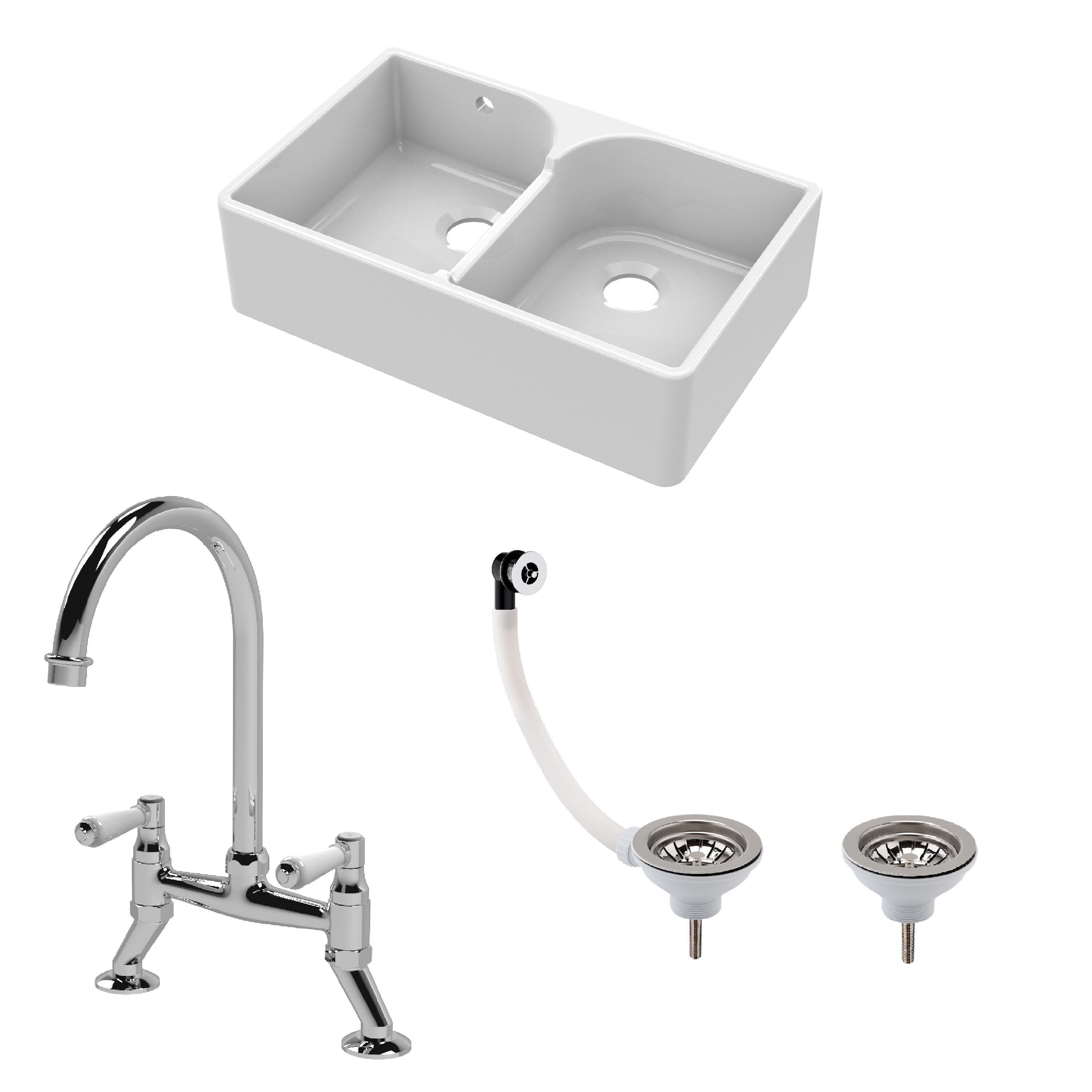 Fireclay 2 Bowl Stepped Weir Butler Sink WastesTap 795mm