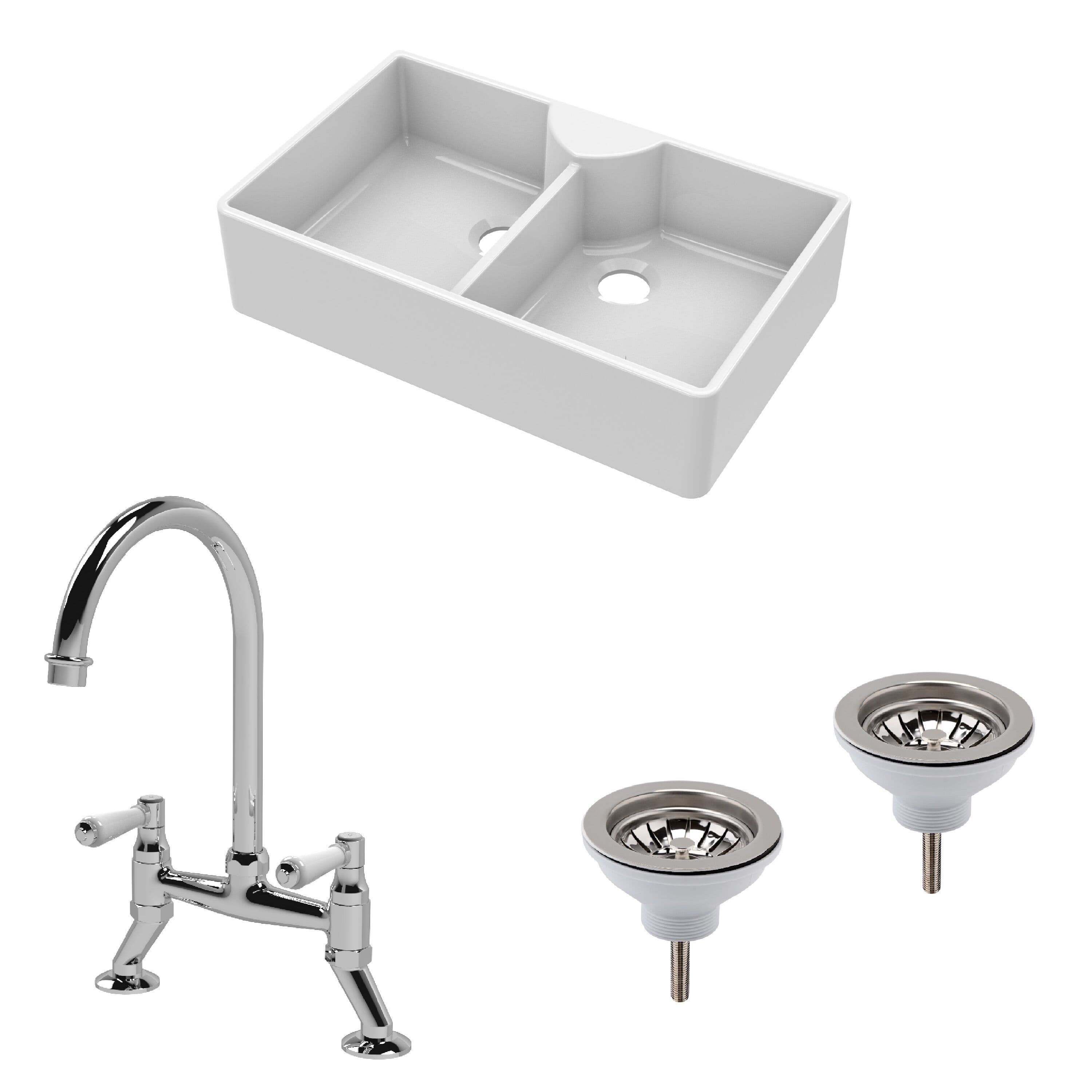 Fireclay Kitchen 2 Bowl Butler Sink 2 x Wastes Tap Chrome 895mm
