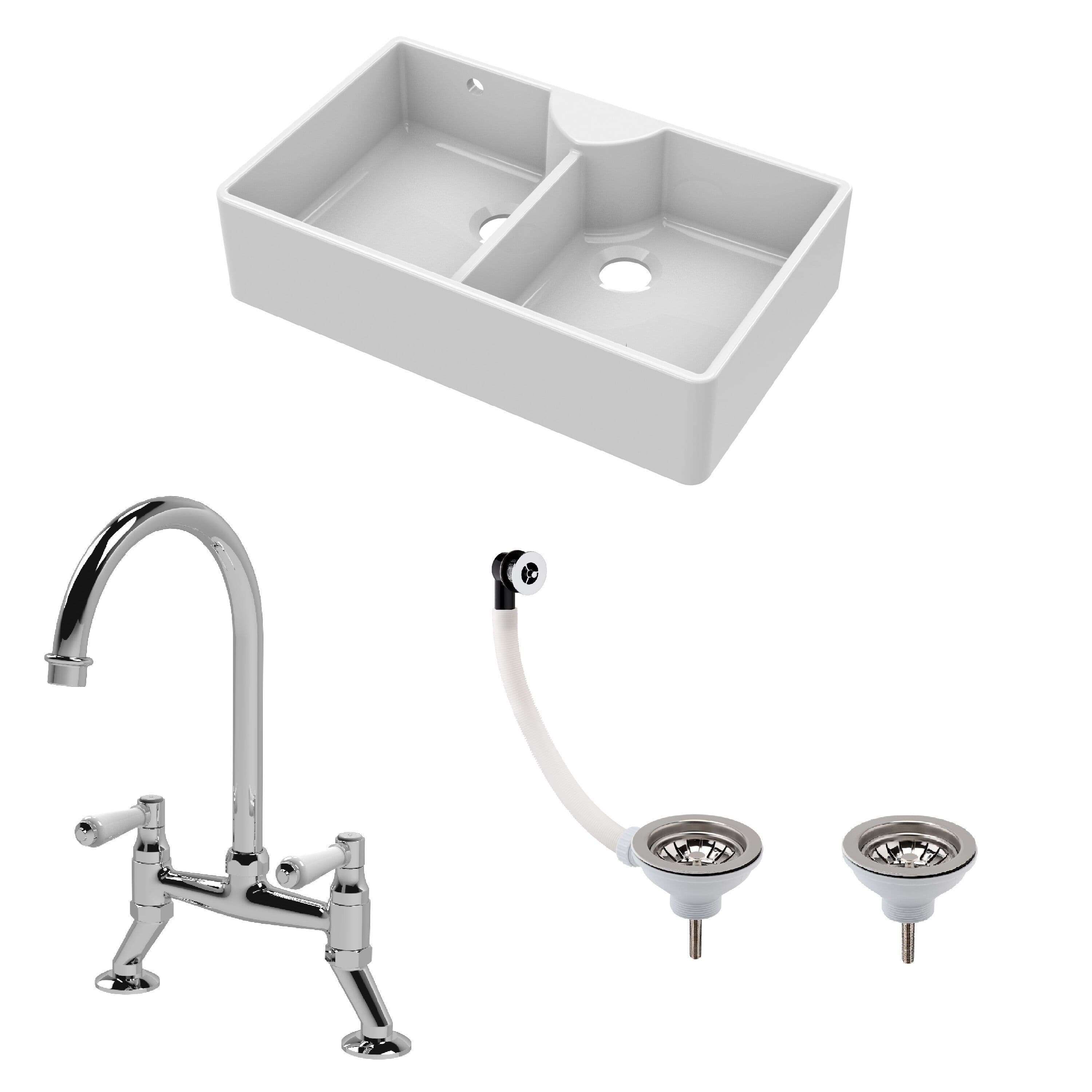 Fireclay 2 Bowl Stepped Weir Butler Sink Waste Tap 895mm