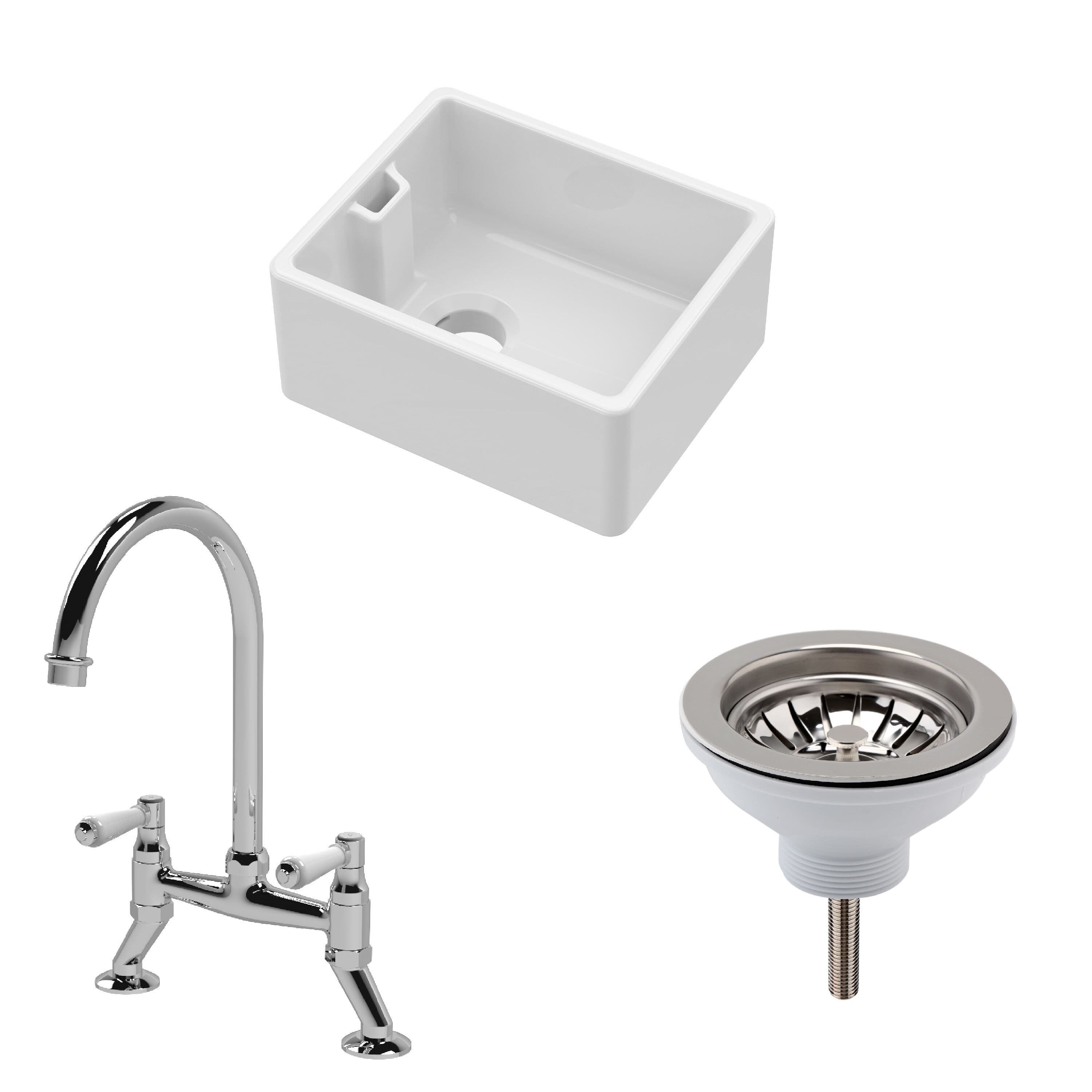 Fireclay Compact 1 Bowl Belfast Sink Strainer Waste Mixer Tap 460mm