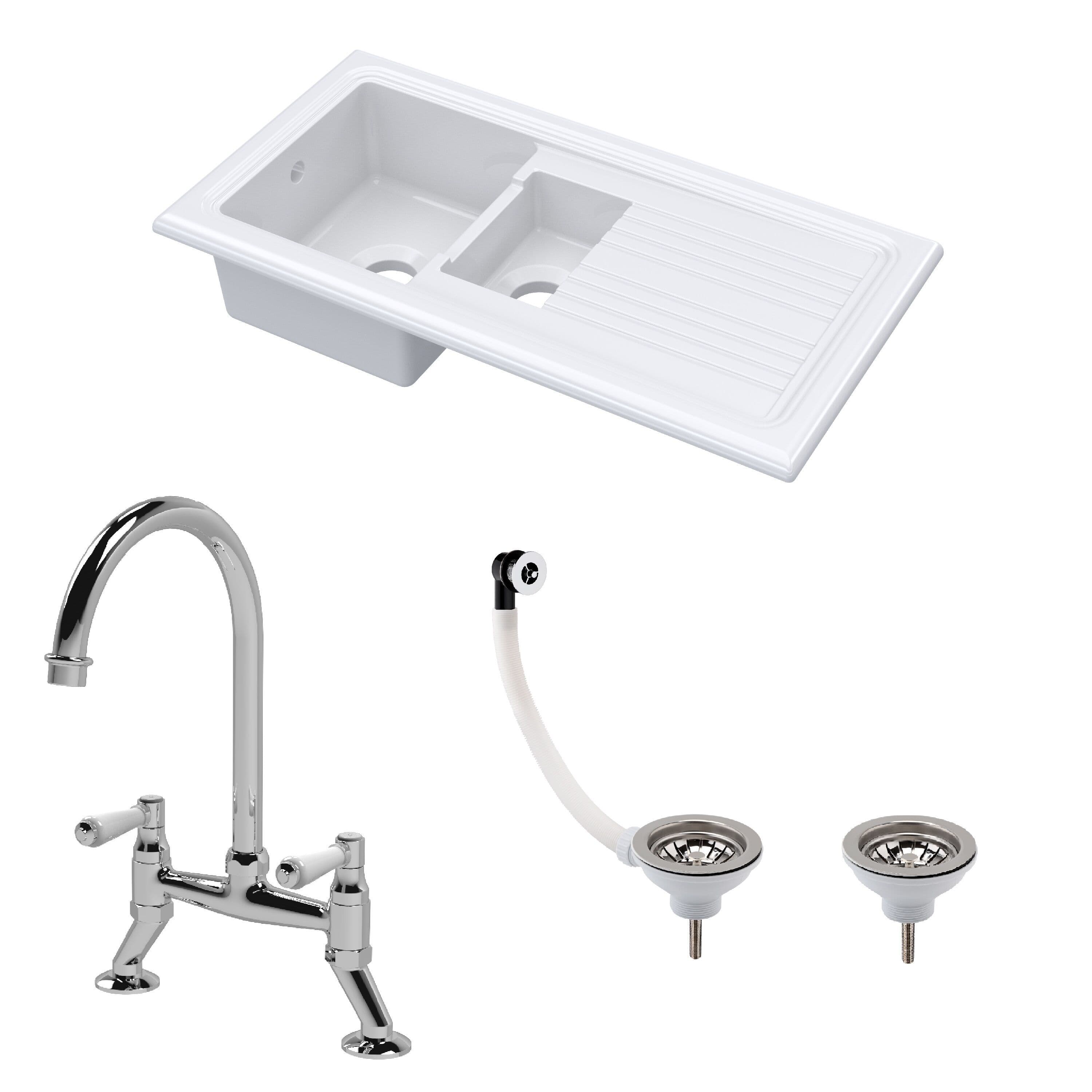 Fireclay 1.5 Bowl Sink Drainer Waste Tap 1010mm