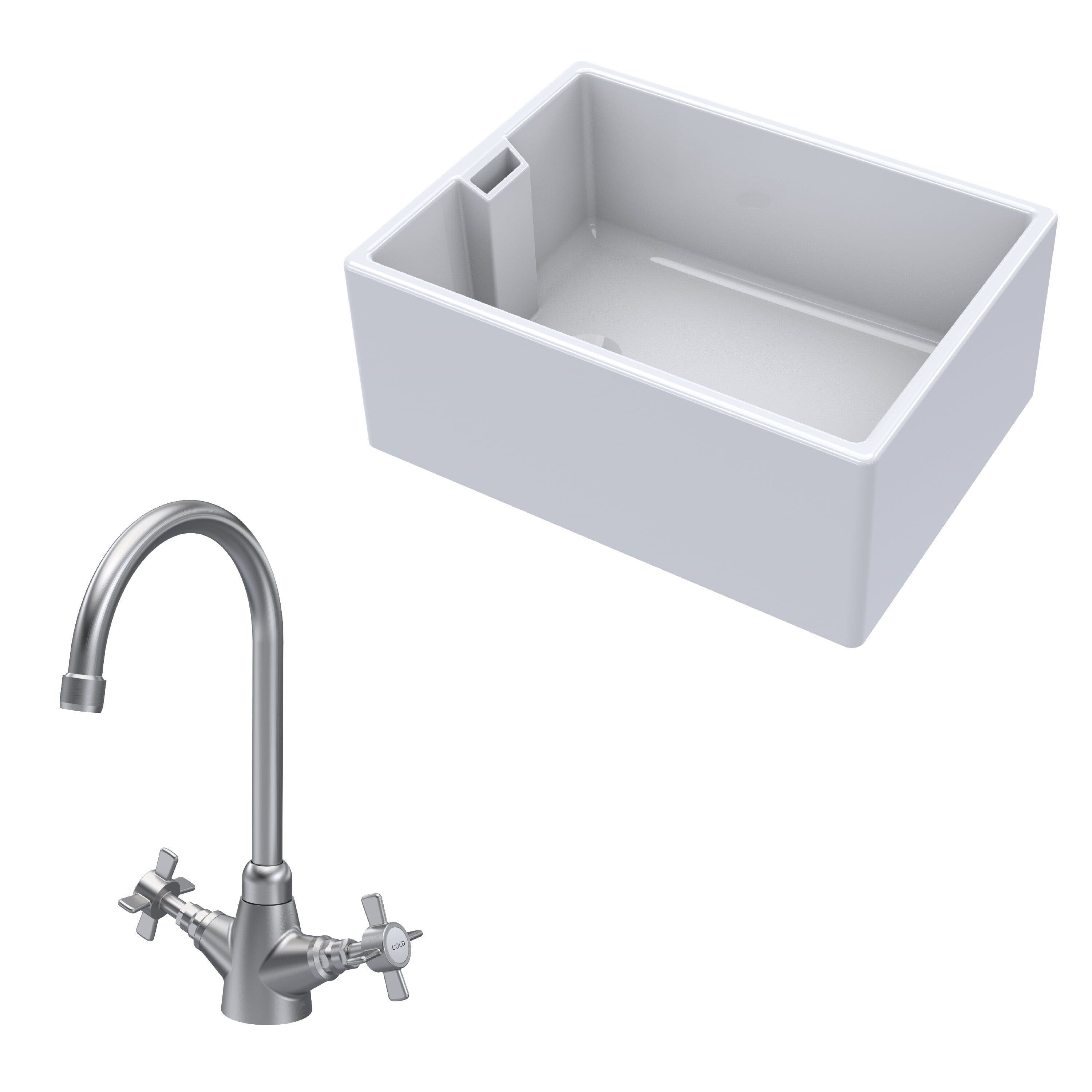 Fireclay 1 Bowl Belfast Sink Tap Brushed Nickel 615mm