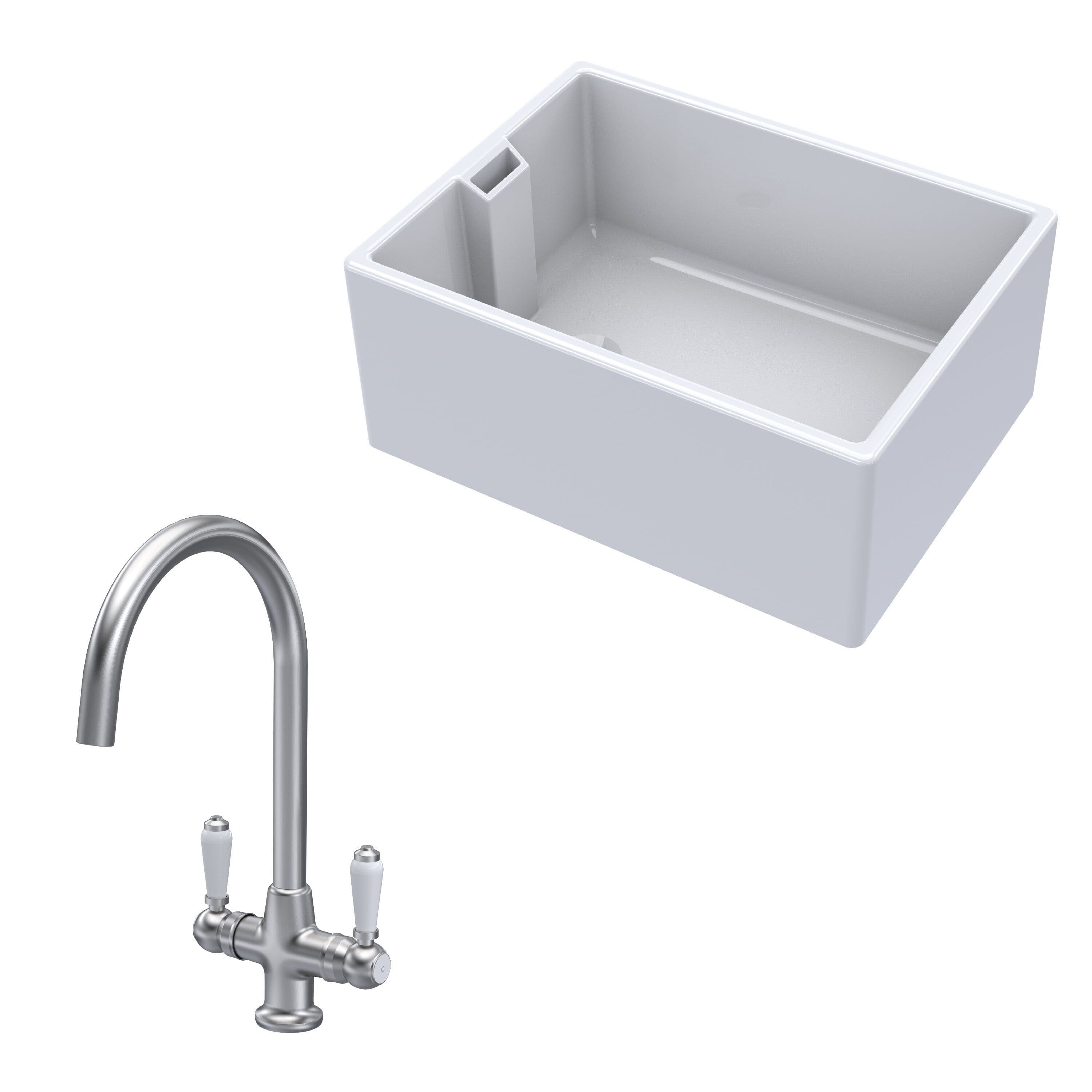Fireclay 1 Bowl Belfast Sink Handle Tap Brushed Nickel 615mm