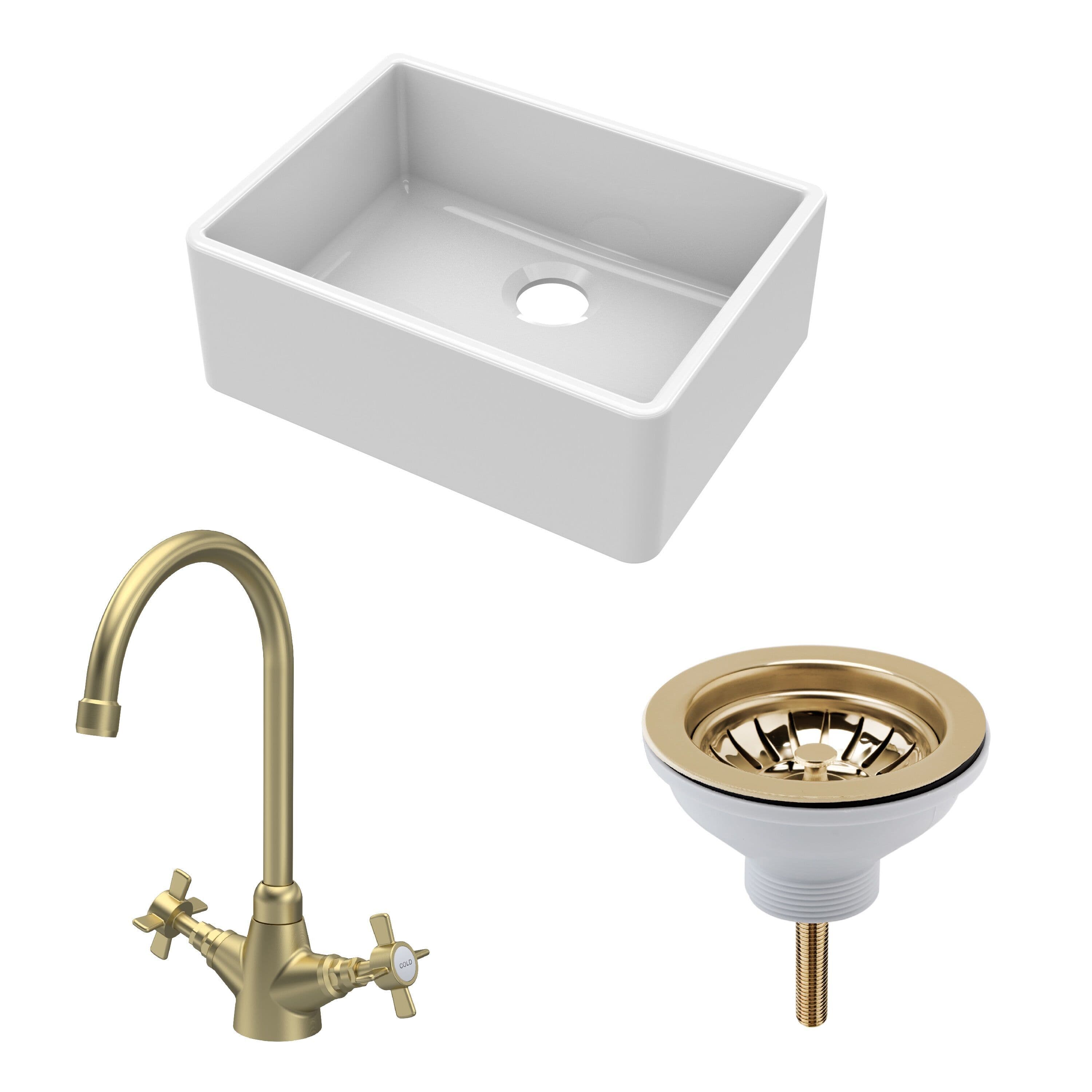 Fireclay 1 Bowl Butler Sink Waste Handle Tap Brushed Brass 595mm